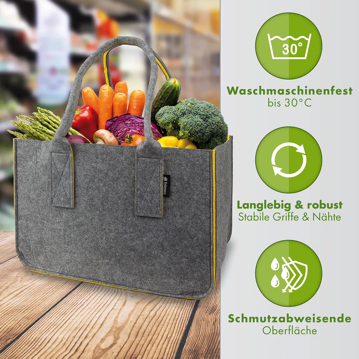 Filztasche - praktische Einkaufstasche - modische Shopping Bag - Einkaufskorb aus Filz - faltbare Tragetasche - grau/gelb