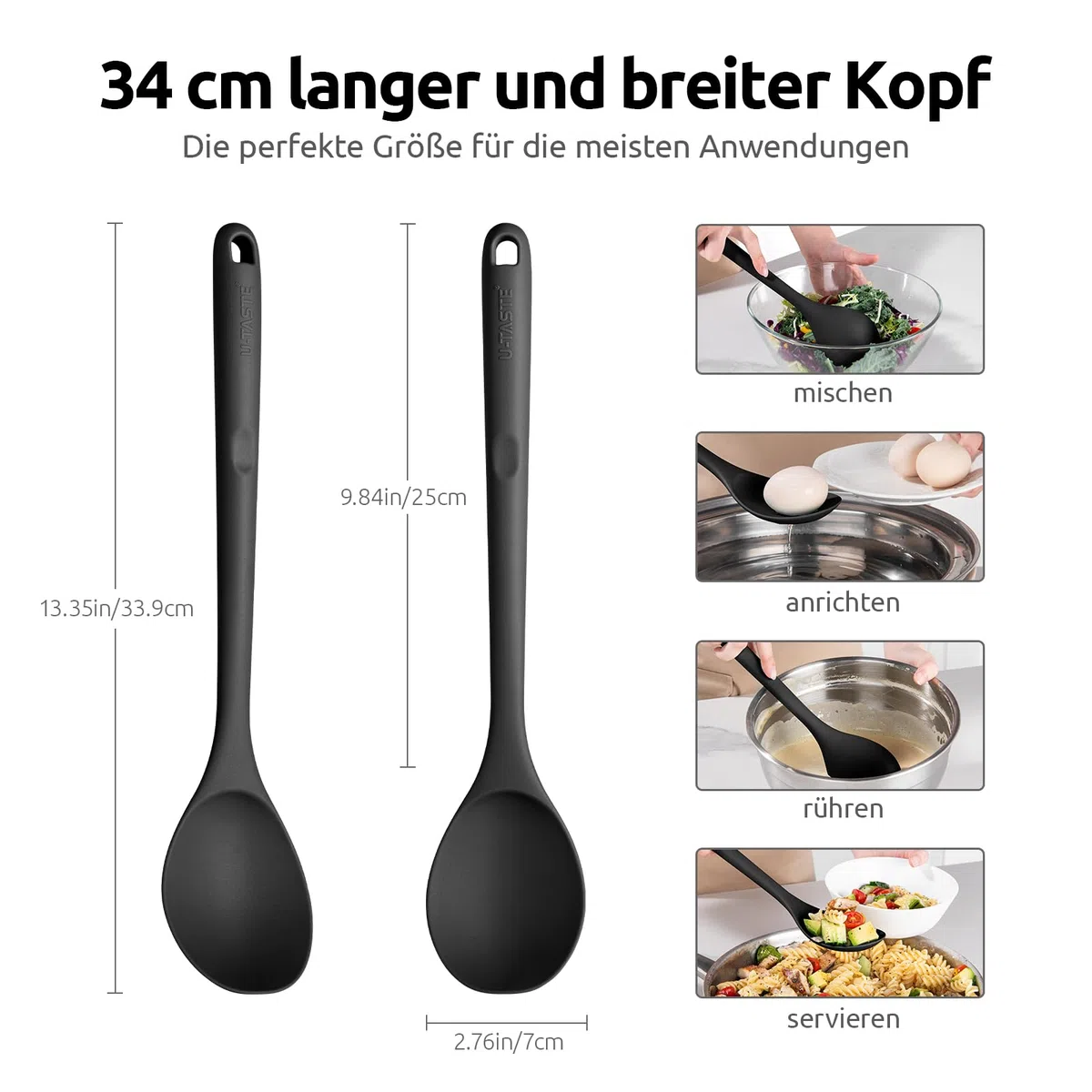 U-Taste 33.9 cm extra langer Silikon Löffel, 315℃ Hitzebeständiger BPA-freier massive Kochlöffel, antihaftbeschichteter nahtloser Küchen Servierlöffel zum Mischen Rühren Begießen Schöpfen (Schwarz)