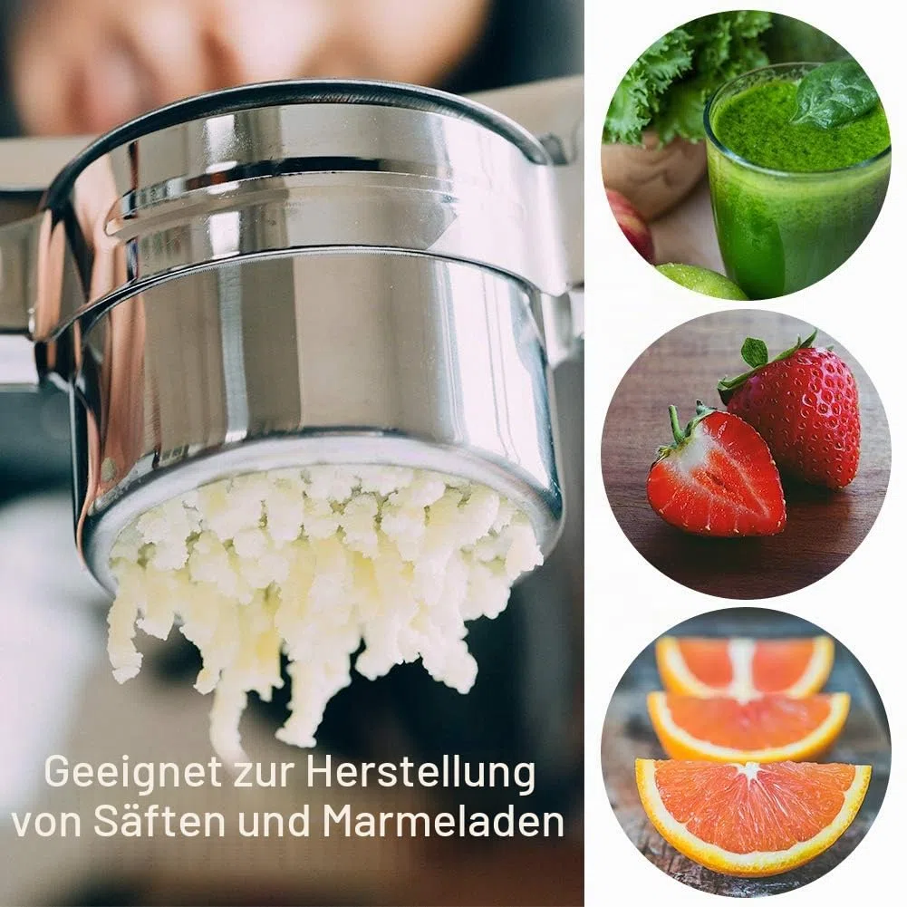 Kartoffelpresse aus Edelstahl, Spätzlepresse Kartoffelstampfer Set für Kartoffelpüree, Obstsäfte, Gemüsebrei, mit 3 Lochscheiben (Fein/Mittel/Grob), Spülmaschinenfest, Länge 27cm