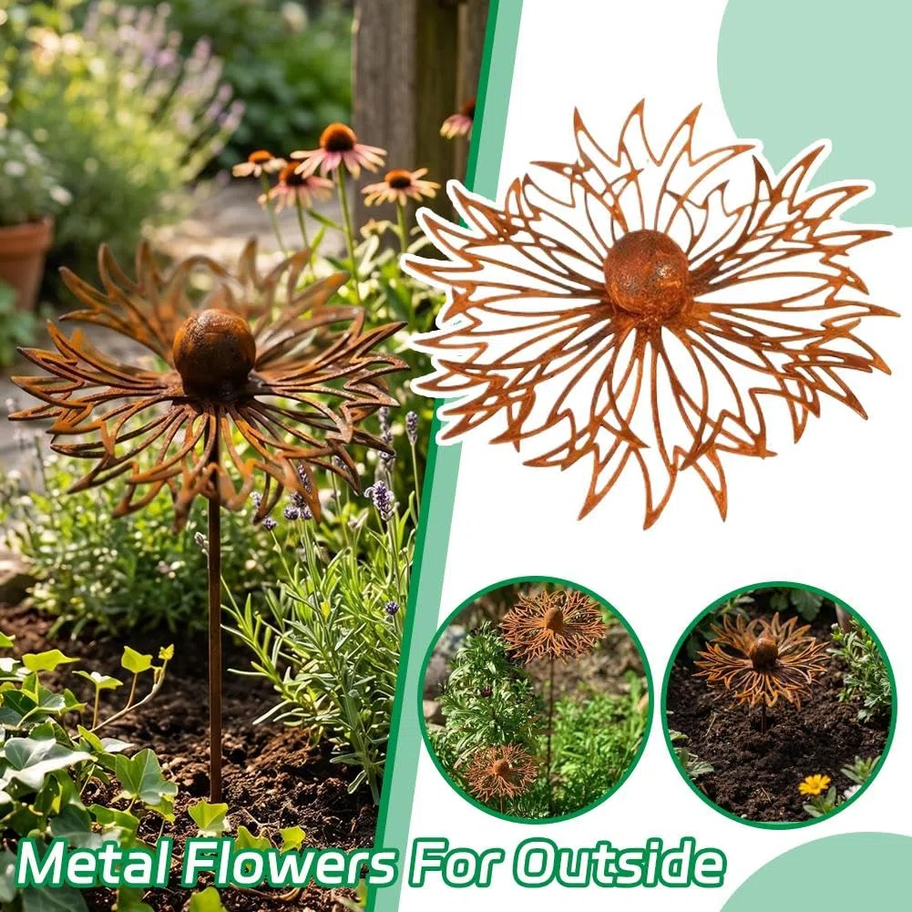 Rostige Metall-Gartenstecker mit Wildblumen, 15 x 60 cm, Vintage-Stil, rostfreies Eisen, Kornblumen-Hofkunst, wetterfeste Steckdekoration für Rasen, Blumenbeet, Terrasse, Pflanzgefäß (1 Stück)