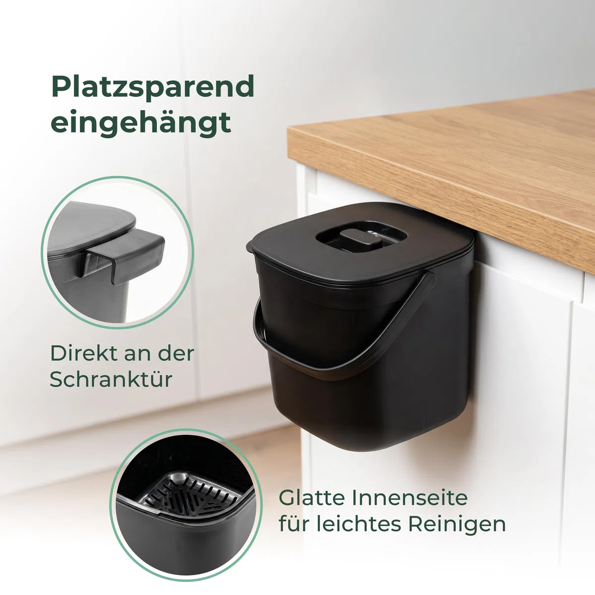 Novaliv Bio-Tischmülleimer 5L Schwarz mit Sieb, Komposteimer Küche mit Klappdeckel & Tragegriff, Biomülleimer klein & hängend für Schranktür, BPA-frei, stapelbar