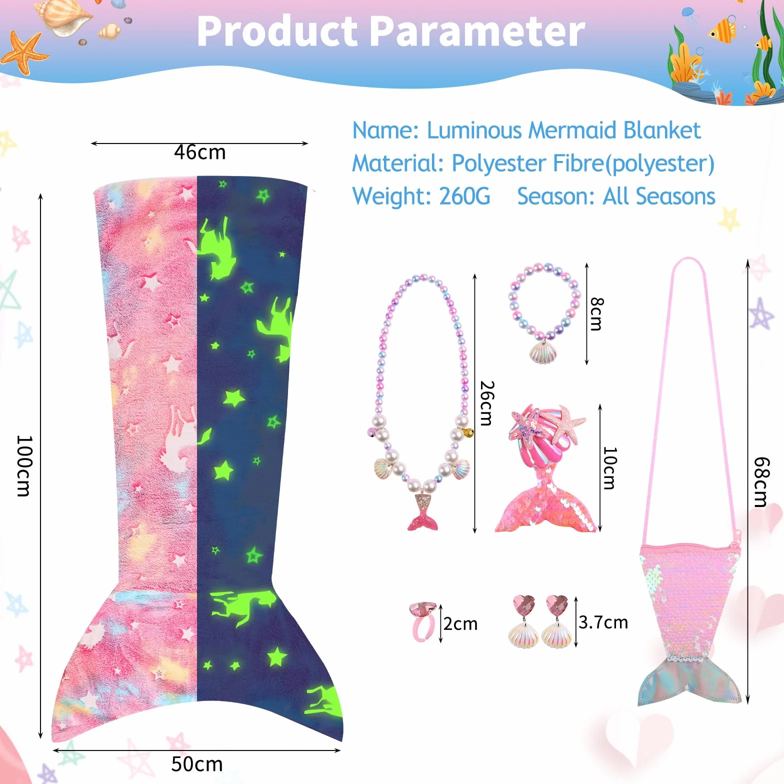 Cyiecw Meerjungfrauen Decke Mädchen Kinder 100x50CM, Meerjungfrauenflosse Mädchen Decke Leuchtet im Dunkeln, Meerjungfrau Flanell Blanket mit Pailletten Portemonnaie und Mermaid Schmuckzubehör