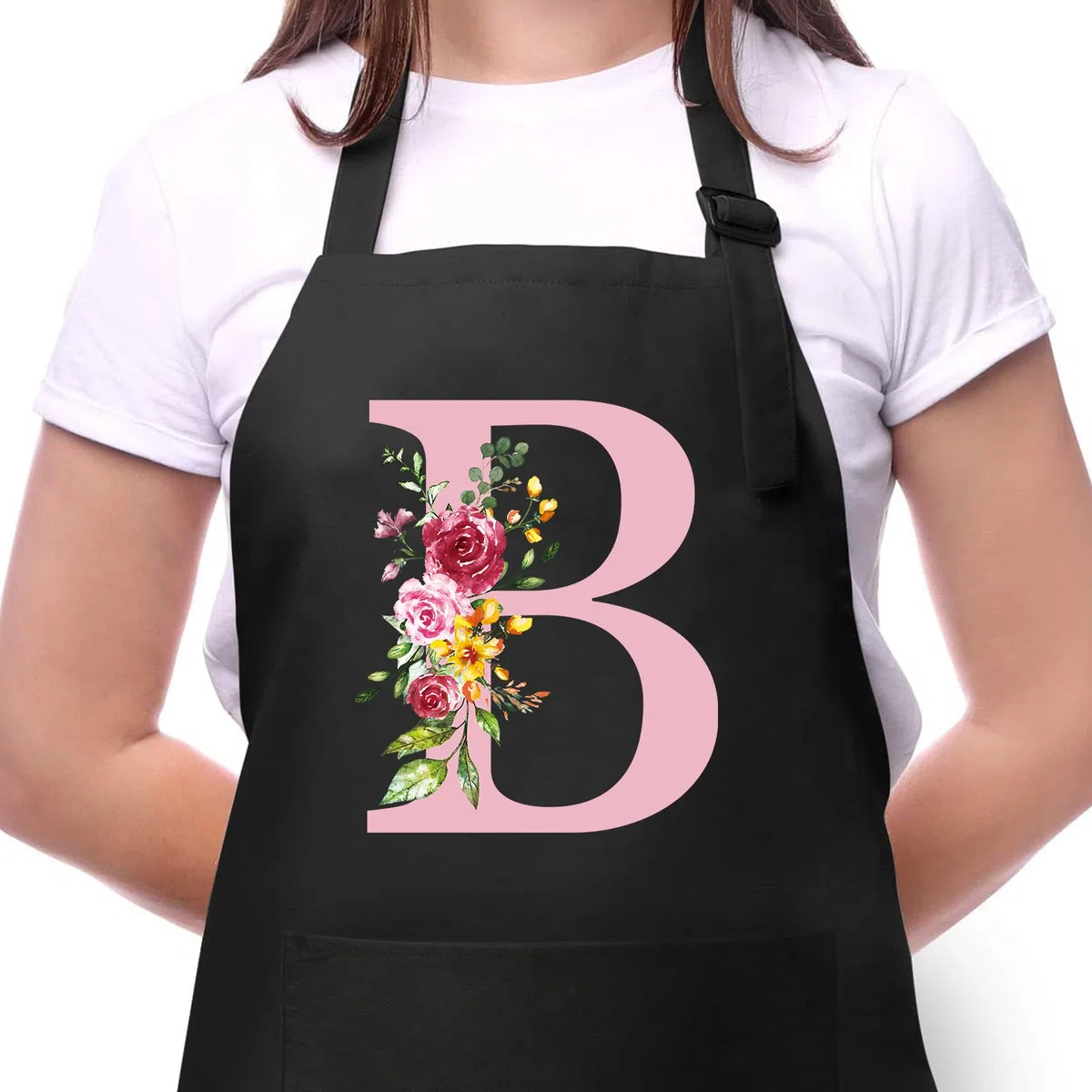 Personalisierte Initialen Schürzen Damen, Kochschürze Baumwolle Verstellbare Küchenschürze mit Taschen zum Kochen, Backen, Geschenk für Frauen Mama Oma Freundin zum Geburtstag Muttertag Weihnachten B