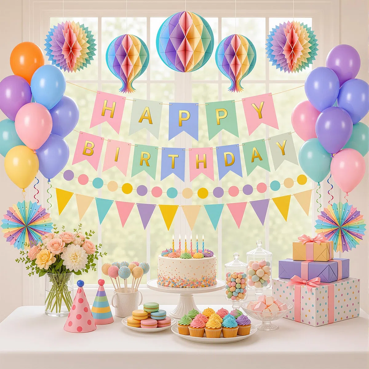 OLANRUN Geburtstagsdeko Set, Geburtstag Deko mit Happy Birthday Girlande, Banner, 21 Luftballons, Wimpelkette, Wabenbälle, Papierfächer, Luftschlangen für Frauen Mann Mädchen Jungen Party Deko