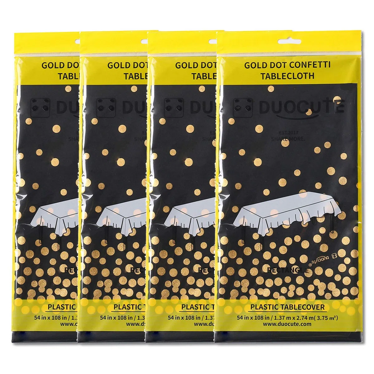 4 Stück Schwarz und Gold Party Tischdecke für Rechteck Tisch, Gold Dot Confetti Geburtstag Tischdecke für Geburtstag, Jahrestag, Braut Shower, Abschlussfeier, Cocktail Party, 137cm x 274cm