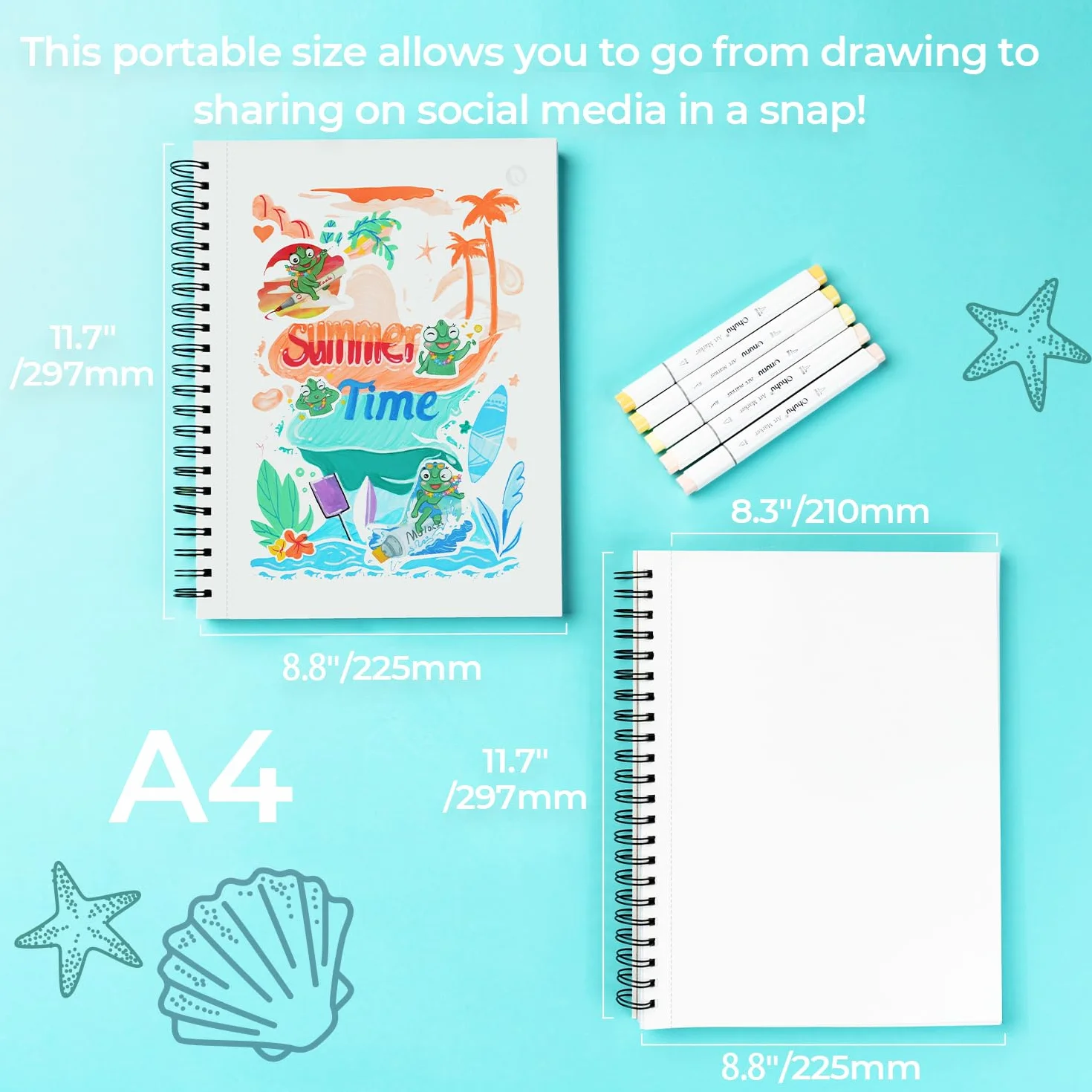 Ohuhu A4 Skizzenbuch Doppelseitig Durchschlagfest - 120 Seiten (60 Blatt) 150 g/m² Papier Säurefrei - ohne Durchdrücken, Spiralbindung für Alkoholmarker & Aquarell, Ideal für Illustration & Porträt