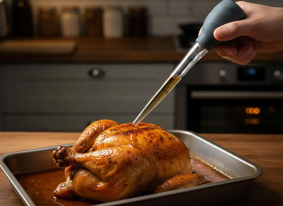 VITA PERFETTA Bratenspritze für Saft und Sauce mit Flaschenbürste – Marinaden-Injektor für Fleisch, Geflügel und Braten – Küchenspritze mit Skala 30 ml – BBQ und Küchenzubehör