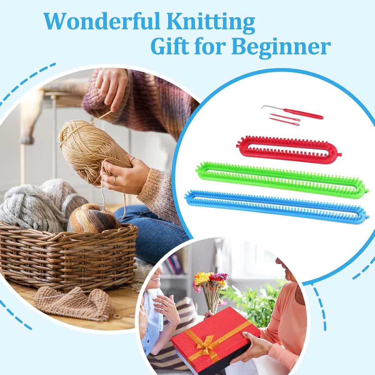 Rechteckiges Strickmaschinen-Set, Schal-Strickmaschine, verschiedene Größen, buntes Kunststoff-Strickmaschinen-Set, DIY-Garn-Strickset mit Häkelnadeln und Nadeln (58 cm)