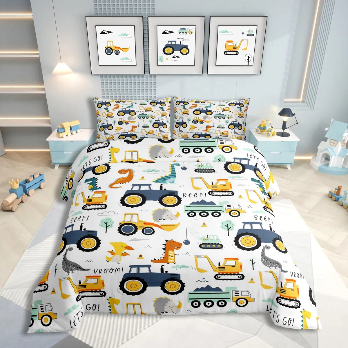 Jungen Cartoon Auto Bettwäsche Set 135x200,Kinder Bau Fahrzeuge Tröster Abdeckung für Kind Kleinkind Teens,Dinosaurier Bettbezug,Traktor Maschinerie Bagger Bettdecke Abdeckung,Lkw Autos Bettwäsche