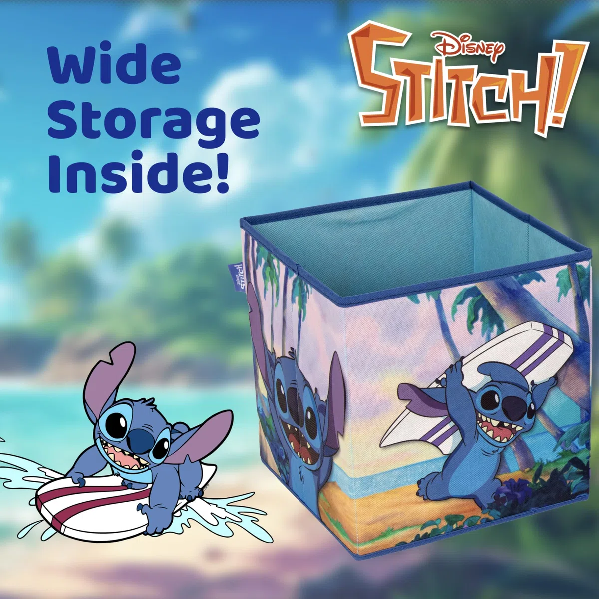 Superdiver - Aufbewahrungsbox und Hocker Stitch - Offizielle Lizenz Disney - 30x30x30 cm - Faltbarer Pouf mit gepolstertem Deckel - Spielzeug-Organizer