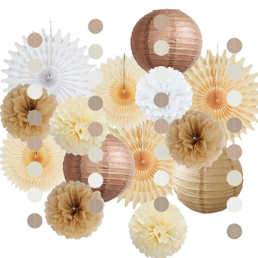 Party Deko Beige Braun Weiß Pompons Beige Creme Neutral Party Deko Boho für Vintage Babyparty Deko Beige Geburtstagsdeko Hochzeitsdeko