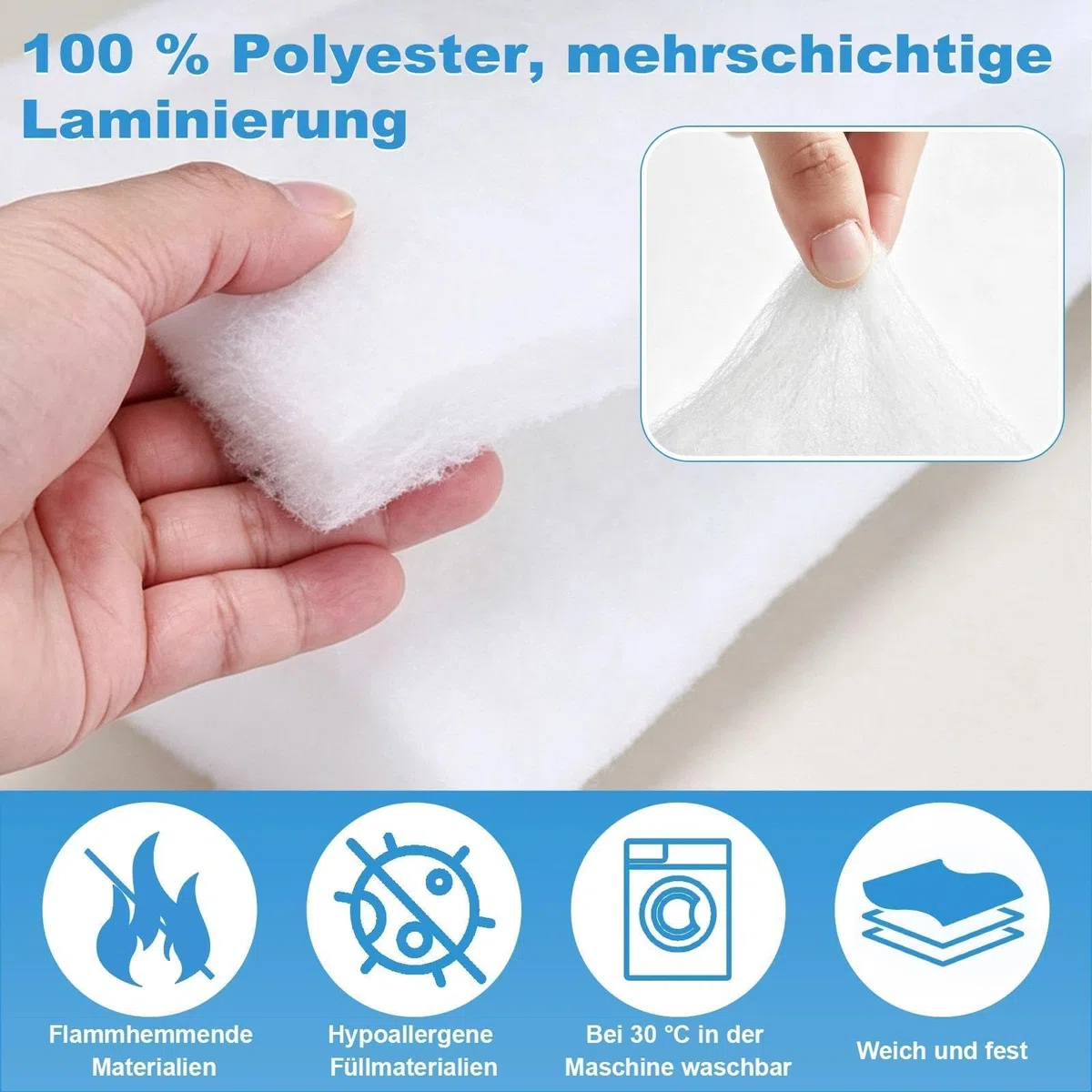 150cm x 2m Non-Woven Upholstery Wadding, 200g/m² 100% Polyester Batting Roll, Hypoallergenic & Flame Retardant Filling for Cushions, Bedding, Quilting and DIY Crafts