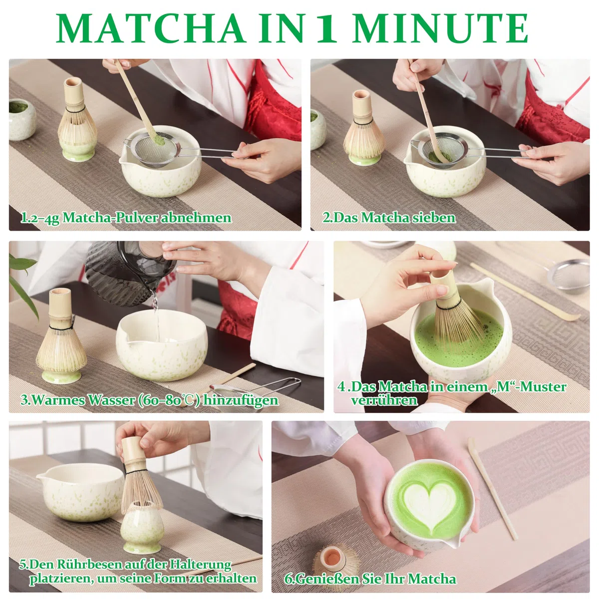 Matcha Set Beige Grün, 5-teiliges Matcha Besen Set,Premium Starter Set für Anfänger, Matcha Tee Set mit Sieb Chawan und Besen, Zubehör für das Matcha Tea Set Green/Rosa/Pink/Black