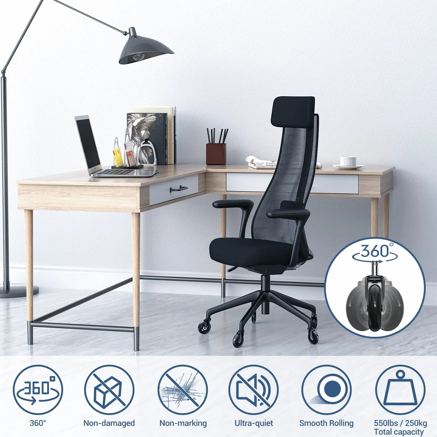 Rollen für Bürostuhl 10mm x 22 mm, 5er Set Bürostuhlrollen für Hartböden, Parkett, Teppich, Laminat und Fliesen - Nur Kompatibel mit IKEA Bürostühle