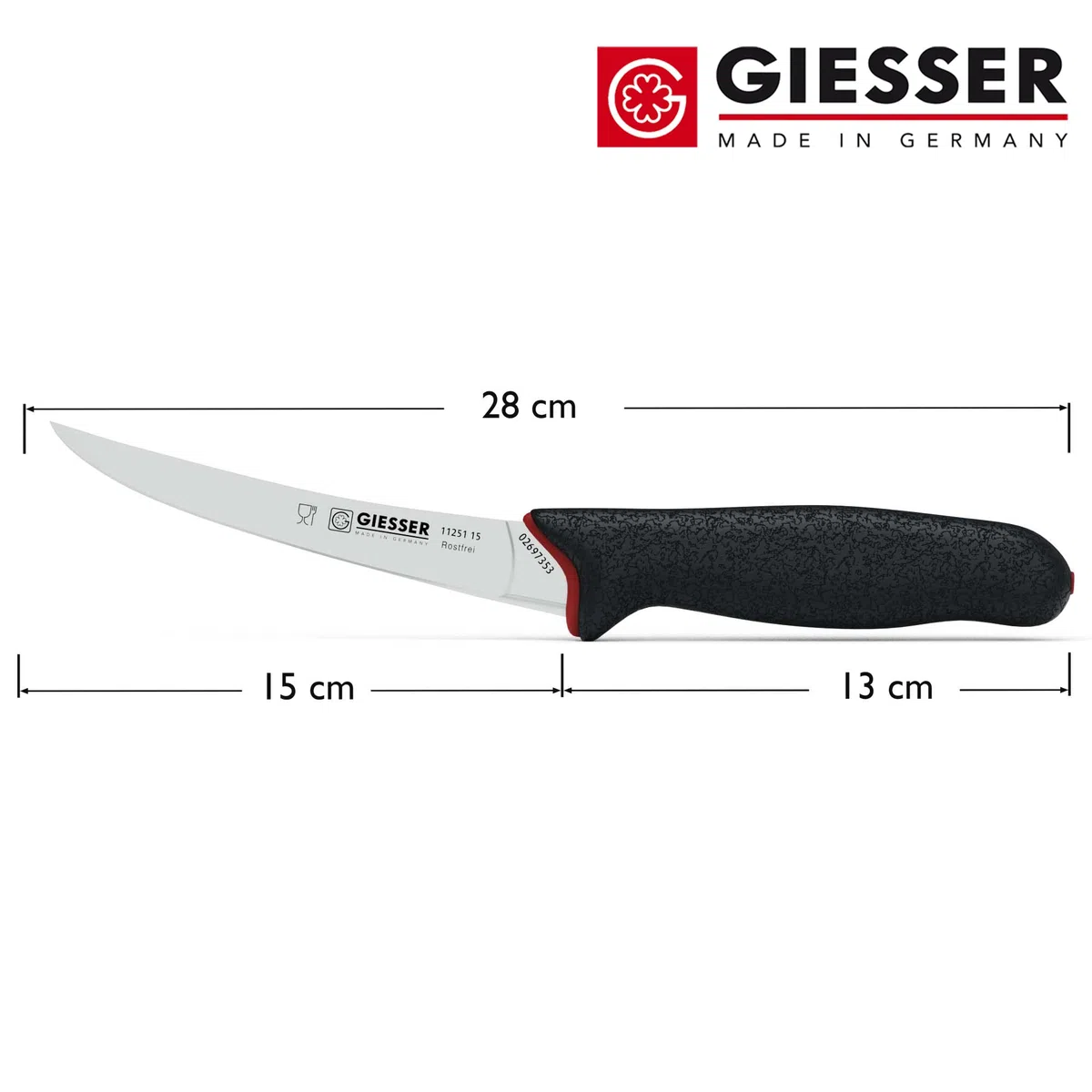 Giesser seit 1776 - Made in Germany - Ausbeinmesser rutschfest PrimeLine, starke Klinge 15 cm, schwarz, scharfes Metzgermesser spülmaschinenfest, rostfrei