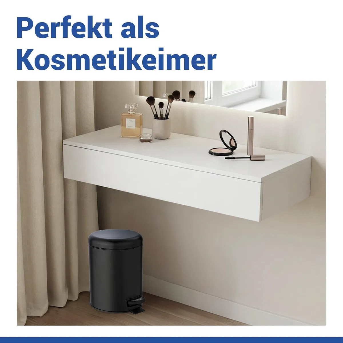 WENKO Kosmetikeimer 5 Liter, Stahl, herausnehmbarer Inneneimer mit Müllbeutelhalter, Mülleimer fürs Bad mit Deckel und Tretfunktion, ausklappbarer Tragegriff, Schwarz matt, Mod. Leman