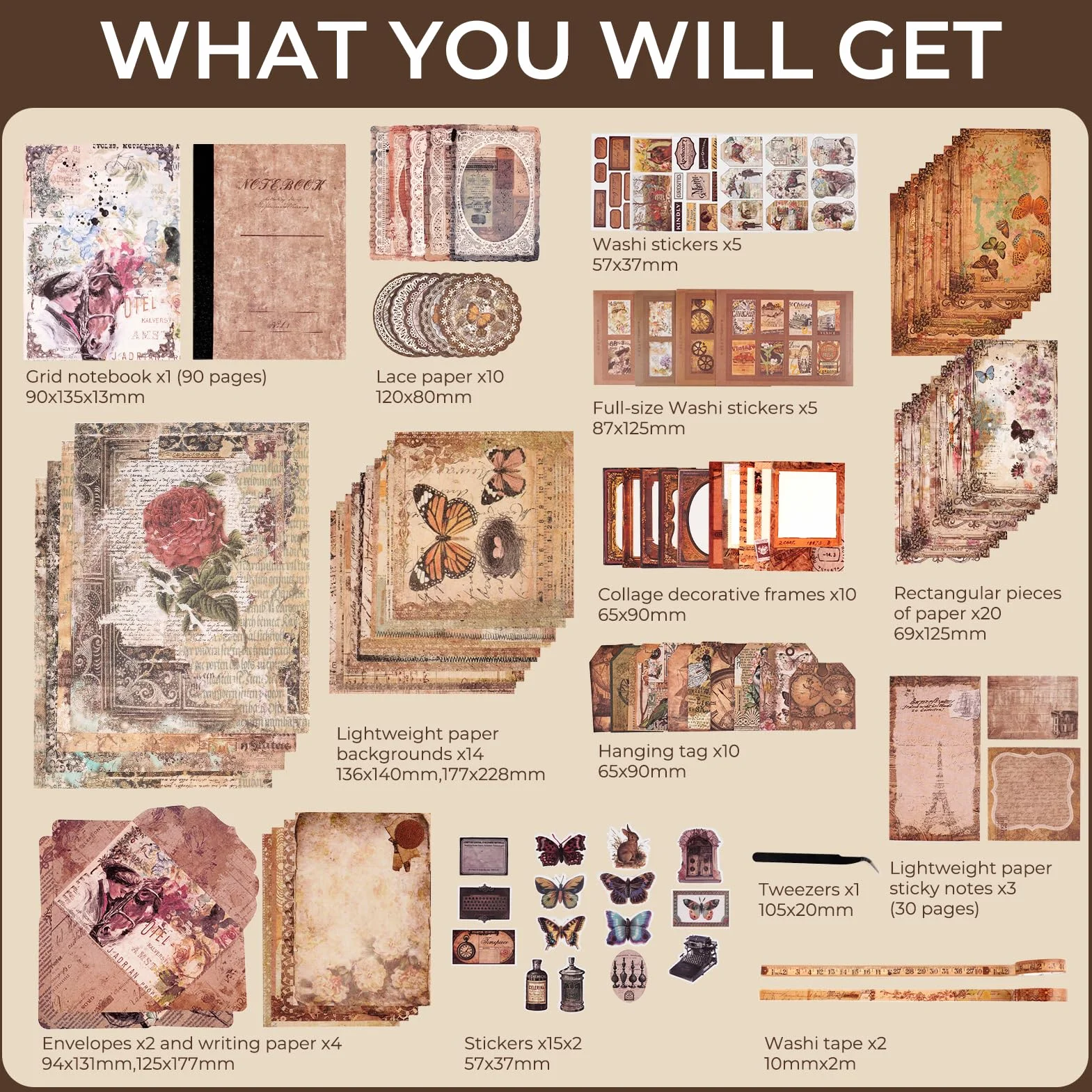 Funto Scrapbooking Kit (96 Teile), Vintage-Sammlung - Wisteria & Schmetterling, Perfekt für Bullet Scrapbooking Materialien, Planner DIY Kunst Handwerk Collage.