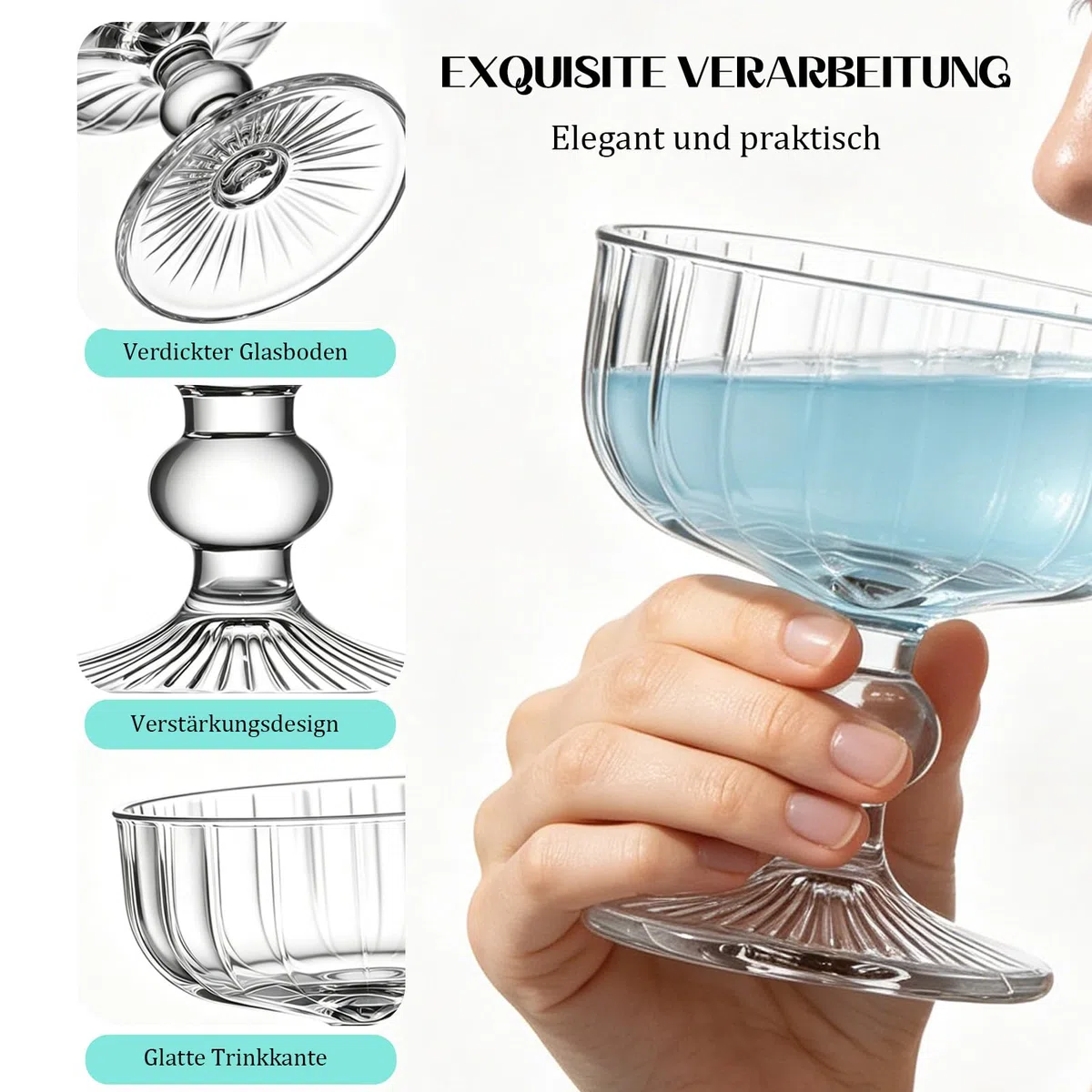 6er Set Cocktailgläser Coupe 320 ml – Vintage Margarita Gläser, Retro Dessertgläser aus Glas, Stielgläser für Martini, Daiquiri, Eis, Sundae & Bar