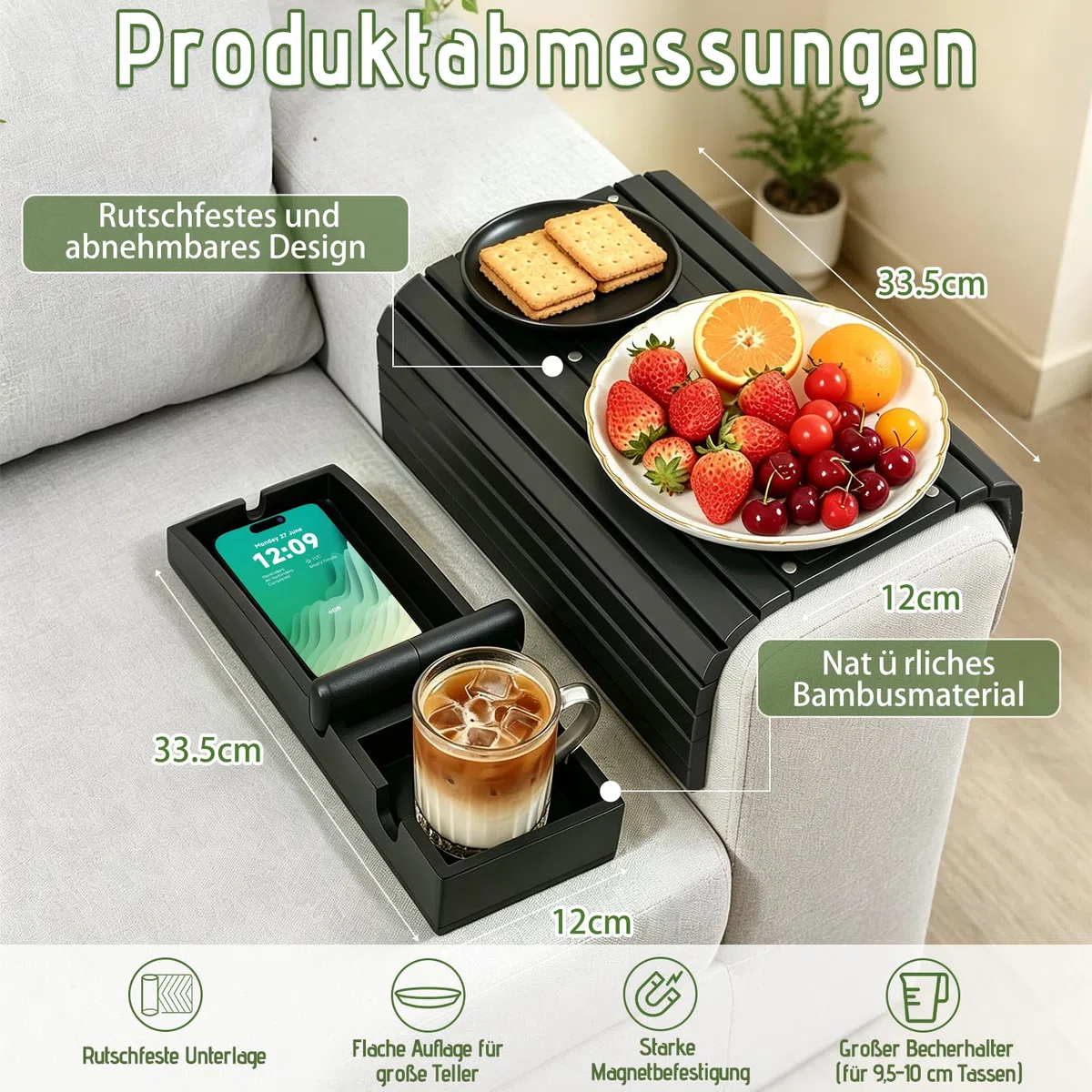 Sofatablett Armlehne, 44x34 cm 3-in-1 magnetisches abnehmbares Couch-Armlehnentablett, Sofa Tablett, Sofa Ablage mit Anti-Rutsch-Pad für Snacks/Handy/Control/Tassen (schwarz)