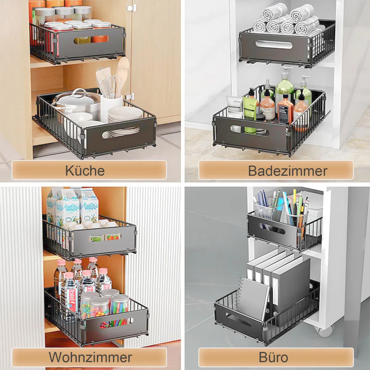 4Pack Faltbarer Ausziehbarer Schrank-Organizer, Ausziehbare Schubladen-Regalaufbewahrung, Küchenschrank Innenschublade Organizer Ausziehbar für Speisekammer und Badezimmer (2 Large + 2 Small)