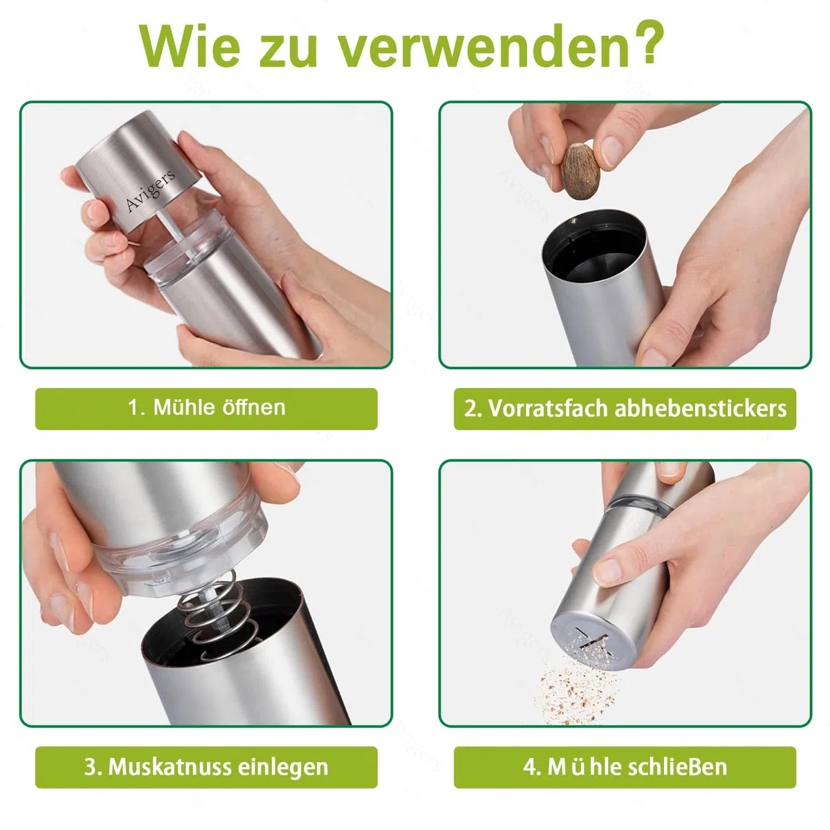 Muskatnuss Mühle mit Speicherbehälter, Scharfer Stahlmühle für Feinstes Muskatnusspulver, Muskatnuss Reibe für Myristica, Muskatnussmühle, Gewürze und Nüsse, muskatmühle für Vier Muskatnüsse