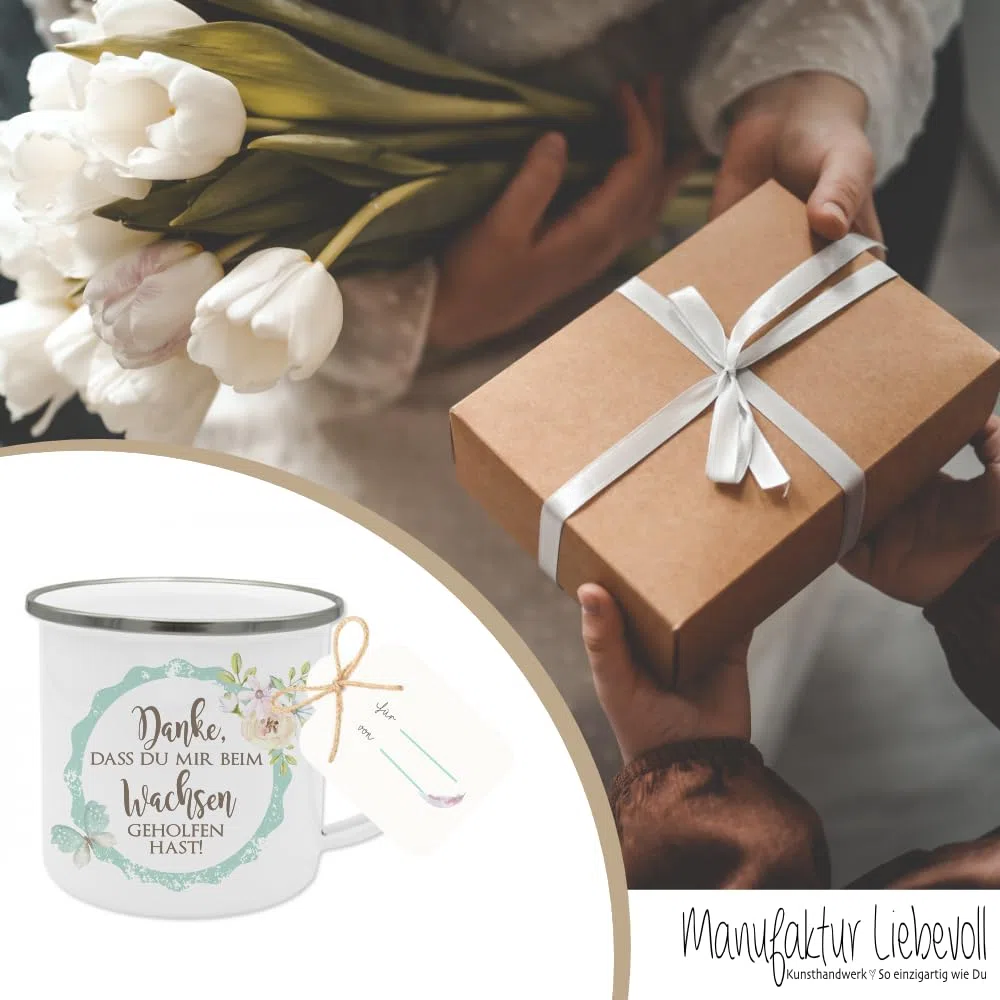 Geschenk für Erzieherin und Tagesmutter - Dankeschön Tasse mit Geschenkanhänger und Spruch "Danke, dass du mir beim Wachsen geholfen hast"