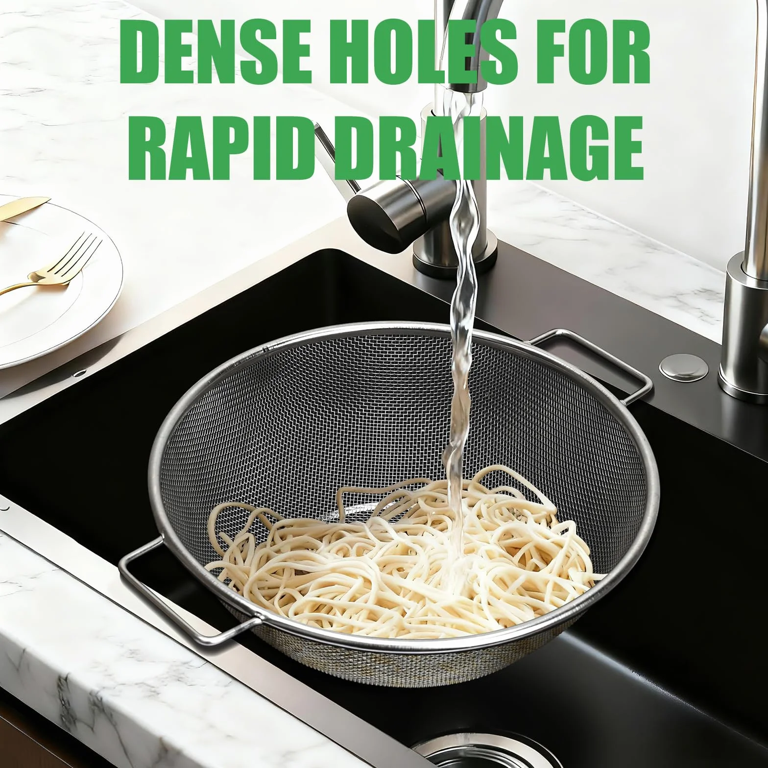 Sieb 3er-Set aus Edelstahl, Mikroperforiertes Küchensieb mit Griffen, Abtropfsieb für Obst, Gemüse, Reis und Pasta, Metall Sieb, Ideal für Küche und Haushalt, 18/22/24cm