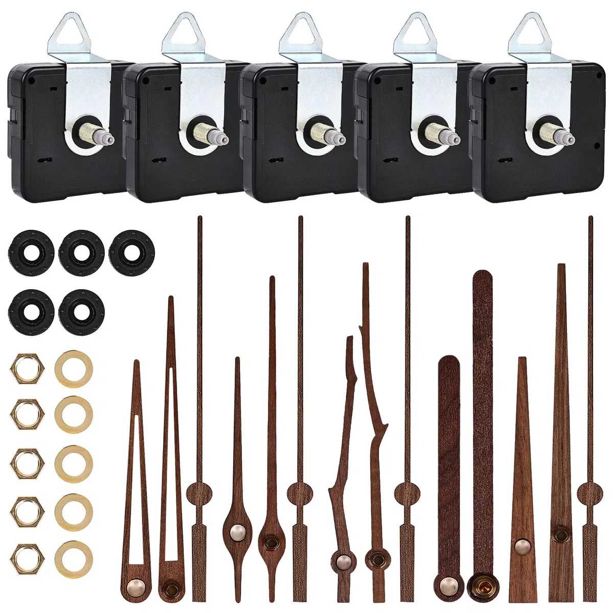 Quarz Uhrwerk & Uhrzeigern, 5 Stück Uhr Bewegung Mechanismus, Silent Uhrwerk Ersatz Kit mit Walnussholz Uhrzeigern, Wanduhr Bewegungs Mechanismus, Uhrwerk für Wanduhr(Langschaft 20 mm)