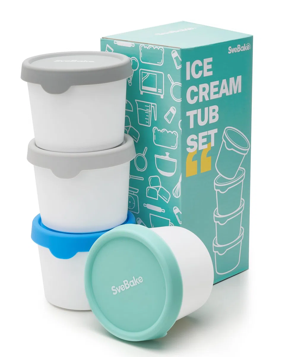SveBake Eisbehälter für Speiseeis 400 ml, 4er-Set mit Silikon-Deckel – Eiswürfelbehälter zum Einfrieren, Hausgemachte Eiscreme Behälter, BPA-frei