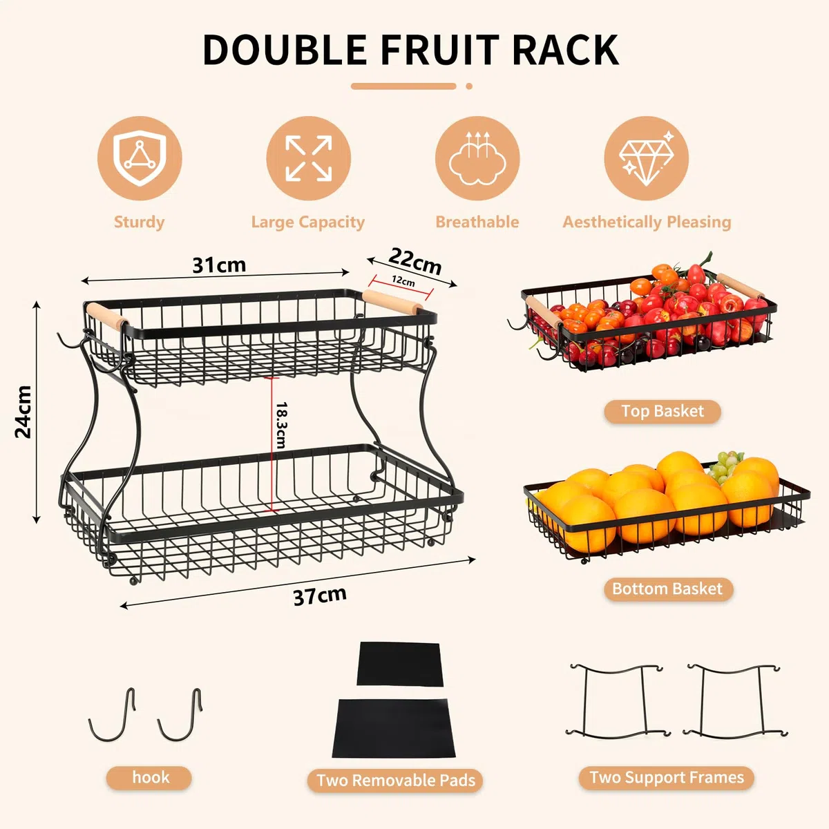 Cozary 2 Stockig Obstkorb Etagere, Obst Etagere mit 2 Ablagebrettern, Fruits Basket Stapelbar, Raumsparend, Gemüse, Snacks zu Hause, Küche, Büro, Etagere Schwarz, 37x24x23cm