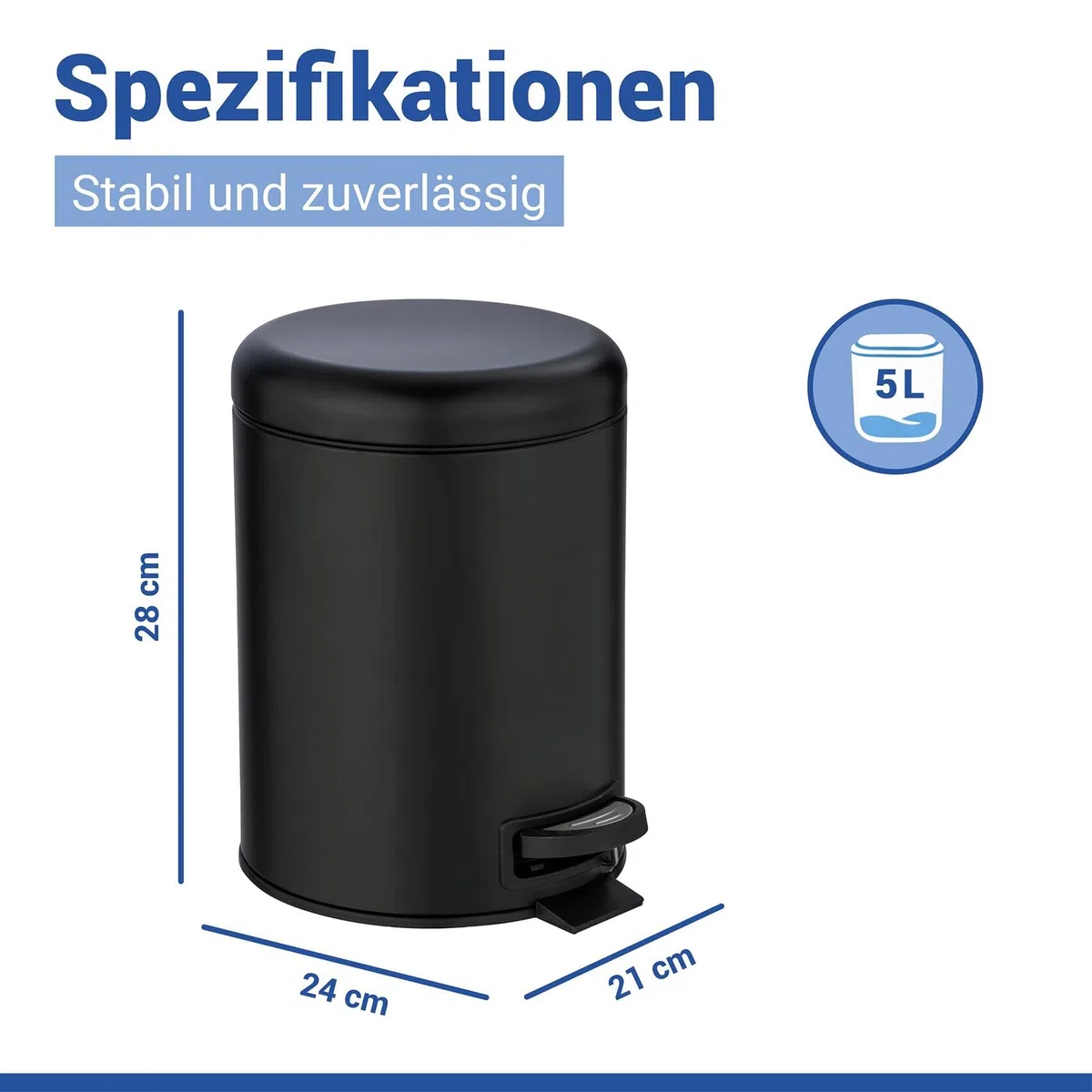 WENKO Kosmetikeimer 5 Liter, Stahl, herausnehmbarer Inneneimer mit Müllbeutelhalter, Mülleimer fürs Bad mit Deckel und Tretfunktion, ausklappbarer Tragegriff, Schwarz matt, Mod. Leman