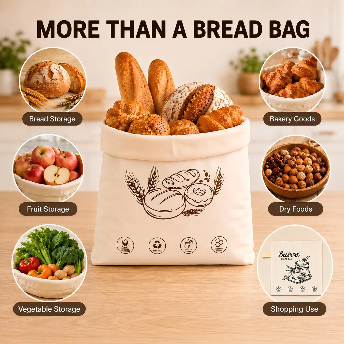 Brotbeutel Bienenwachs, Wiederverwendbarer Brotbeutel zum Frischhalten, Brotaufbewahrung mit L-Reißverschluss & Tragegriff, Brotsack für Brot, Obst, Gemüse und Backwaren, 2er Set