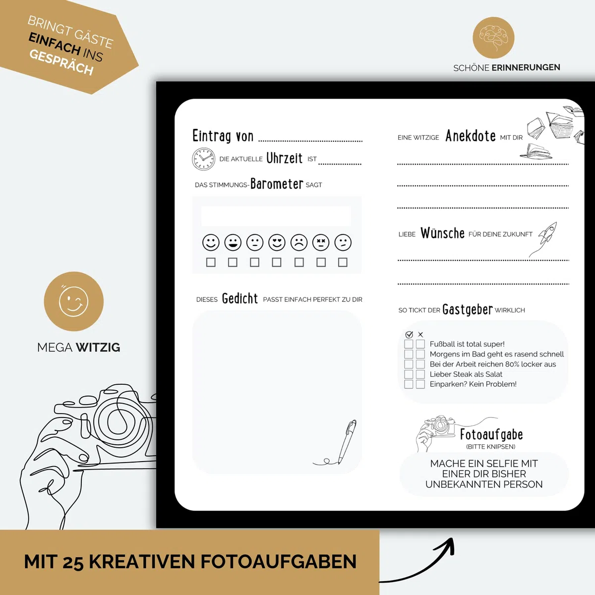 Gästebuch Geburtstag mit Fragen by snaPmee - Für 50 Einträge, jede Seite ist einzigartig - Edles Hardcover mit weißer Spiralbindung - Größe 21x21cm, 300 g/m² Papier (extra dick) inkl. 25 Fotoaufgaben