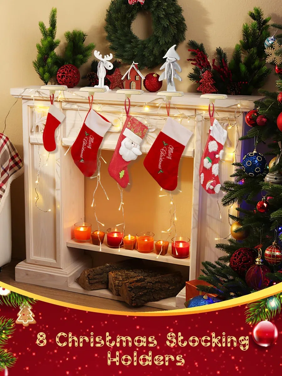 EBANKU Weihnachtsstrumpfhalter,Gold 8 Stück, Metall Aufhängehaken, rutschfeste Hänge Kaminhaken, Strumpfhalter, Strumpfhalter Sockel, Christmas Stocking Holder