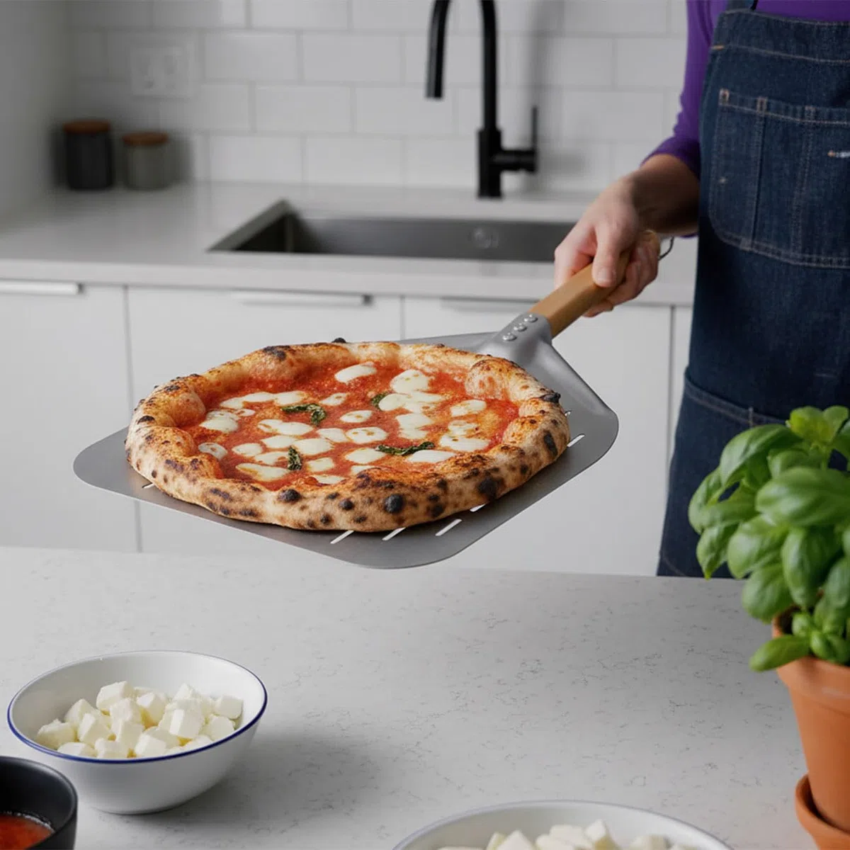 Pizzaheber: Perforierter Pizzaschieber mit Aluminium-Schaufel & Holzgriff, Ø 30 cm (Pizzaschieber Edelstahl, Hölzer, Backofen)