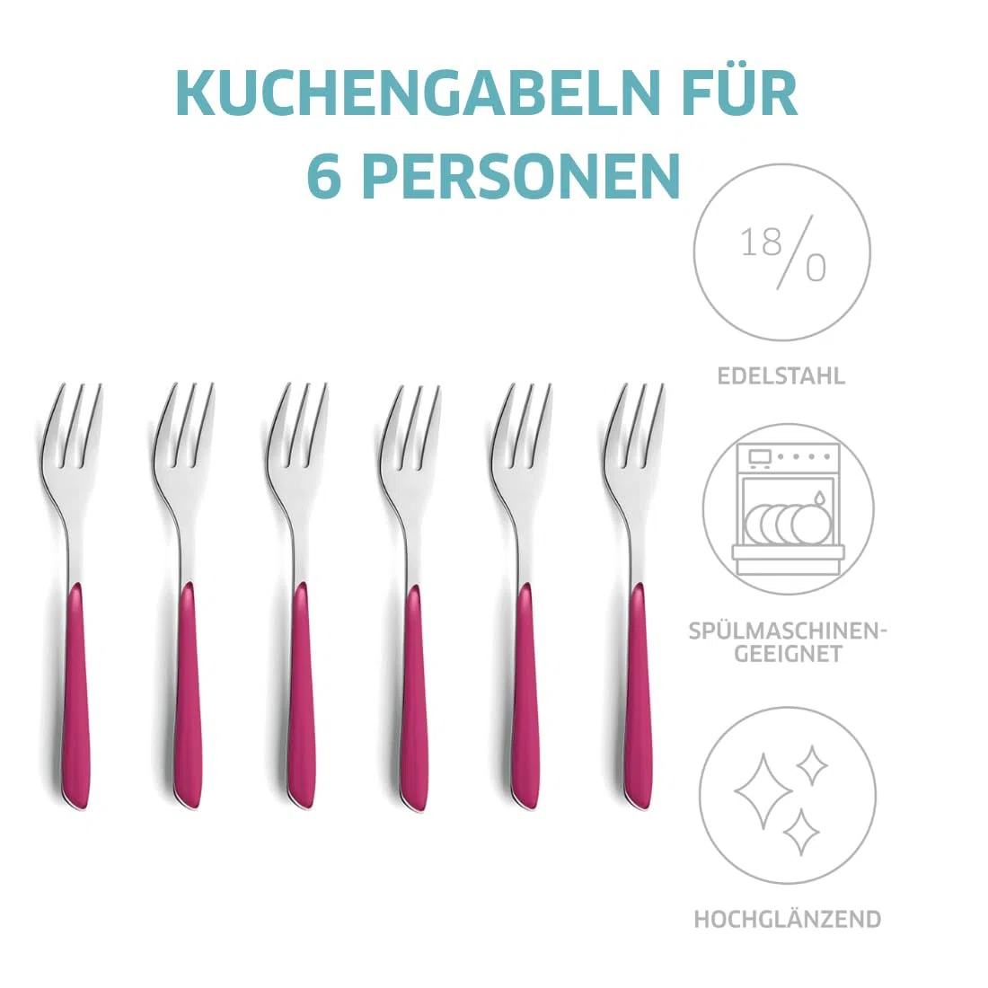 Kuppels Prisma Kuchengabeln 6-tlg., 18/0 Edelstahl, Himbeerrot | Rostfreies, spülmaschinenfestes Dessertgabel-Set mit mattem Design und attraktiver, bunter Farbauswahl verfügbar