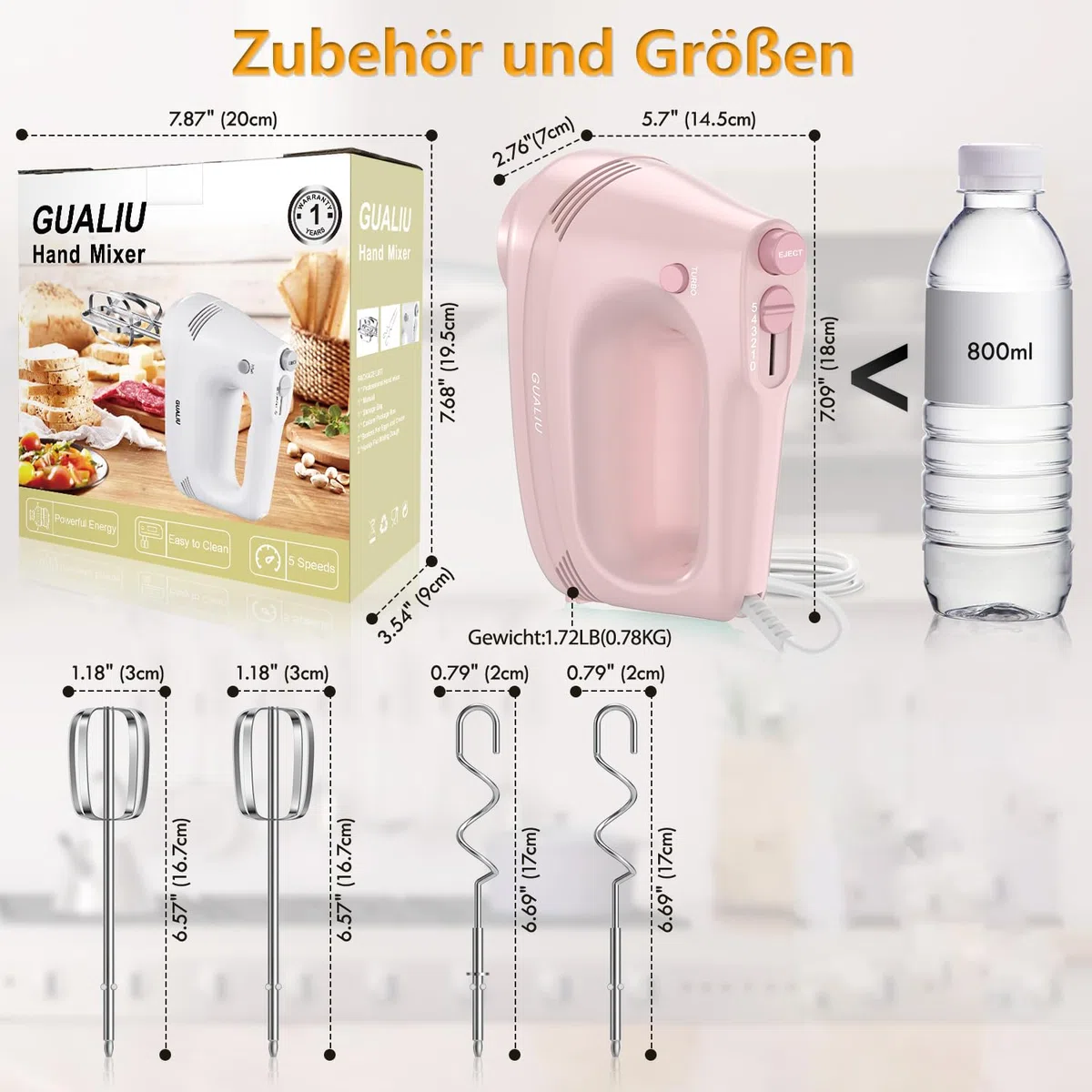 Elektrischer Handmixer mit Edelstahl Schneebesen, Knethaken, Elektrische Handrührer,Turbo Boost /5 Geschwindigkeit, Handrührgerät für Backen Kuchen, Eier Sahne Lebensmittel-Mixer (PINK)
