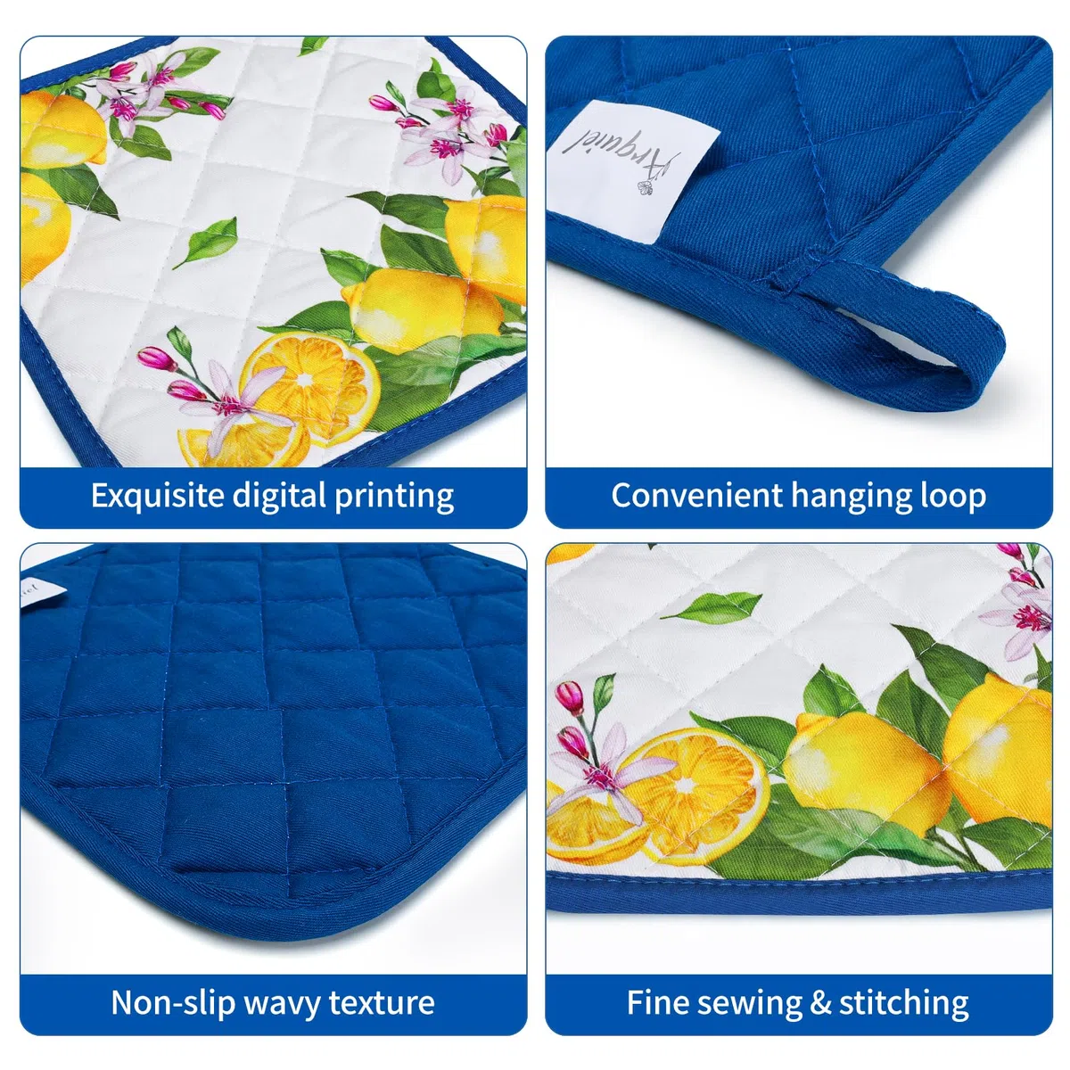 Ofenhandschuh und Topflappen 4er Set, 100% Baumwolle Kochhandschuhe, Hitzebeständiger Küchenhandschuh Zum Kochen Backen Grillen Geschenk,Zitrone