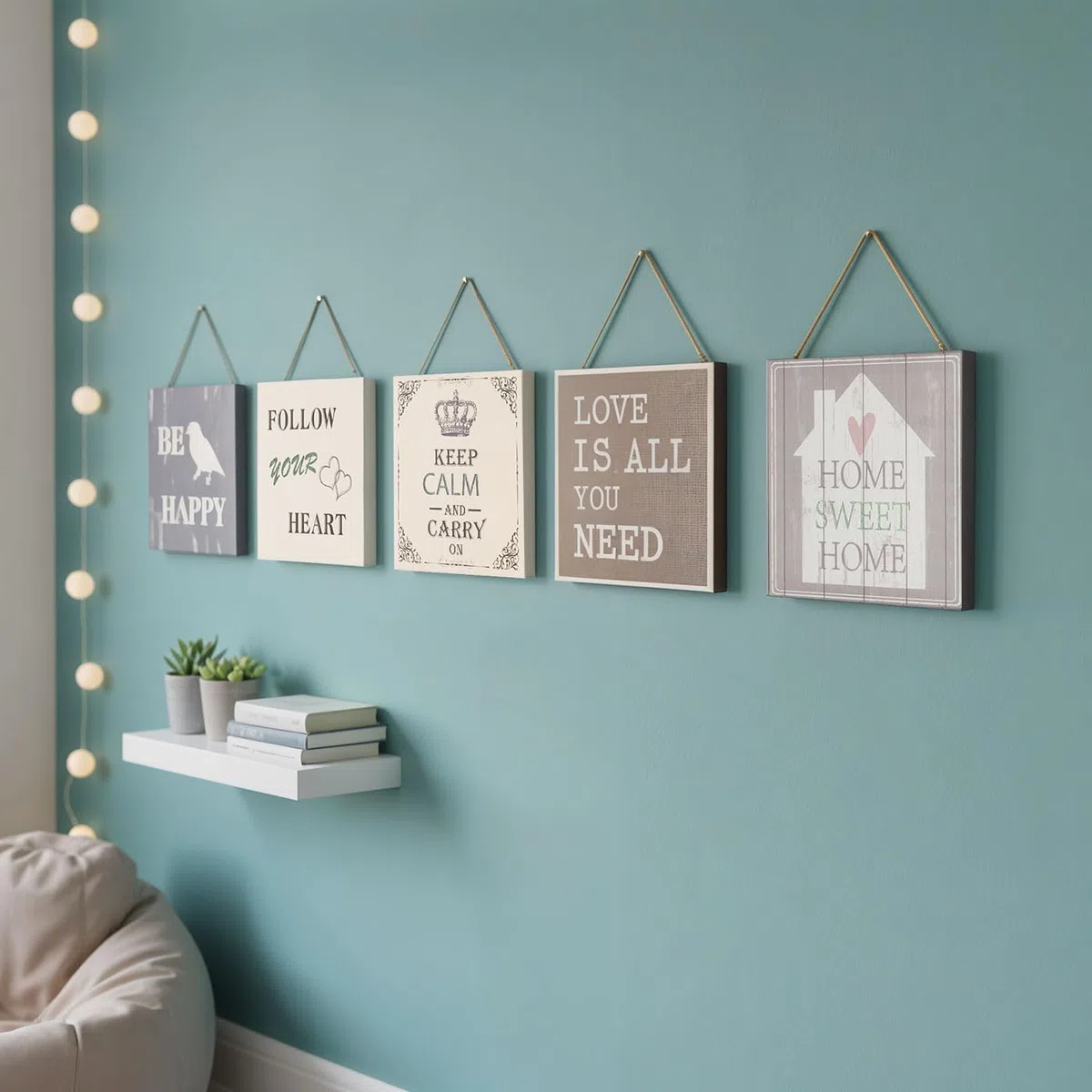levandeo 5er Set Wandbilder 20x20cm Motivationsbilder Shabby Chic Vintage Home Deko Sprüche Wanddeko Kordel Glitzer