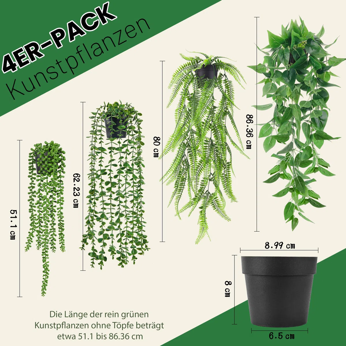 Der Rose 4 Stück Künstliche Pflanzen Hängepflanze Künstlich Kunstpflanze Hängend Fake Eukalyptus Plant, Boston-Farnen, Perlenkette für Wohnzimmer, Zimmer, Wand Deko Aesthetic Room Decor (Schwarze)