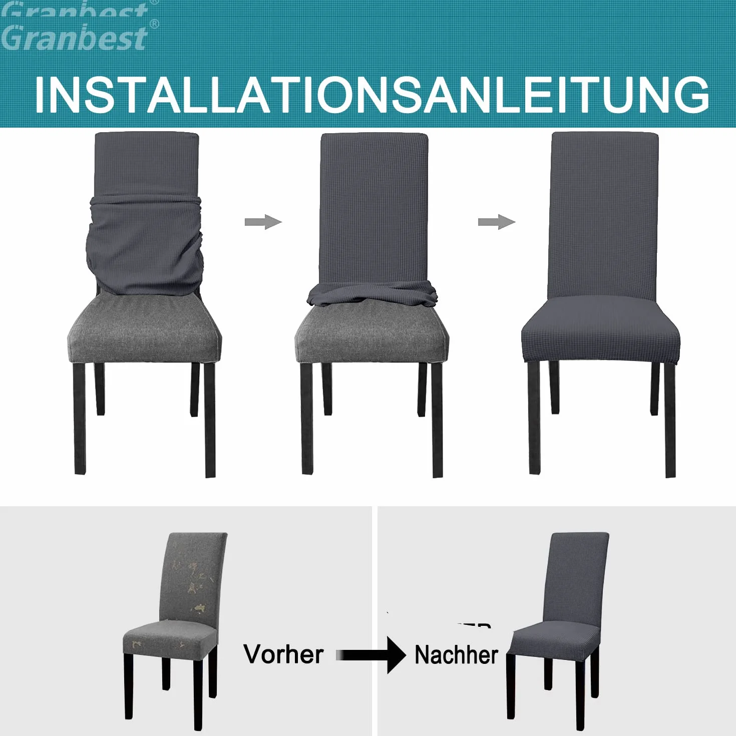 Granbest Premium Wasserdicht Esszimmer Stuhl Abdeckungen Satz Von 4, Stretch Hohen Zurück Stuhlhussen Slipcover Für Esszimmer, Abnehmbaren Stuhl Schutz Für Bankett, Küche, Party (4er Set, Grau)