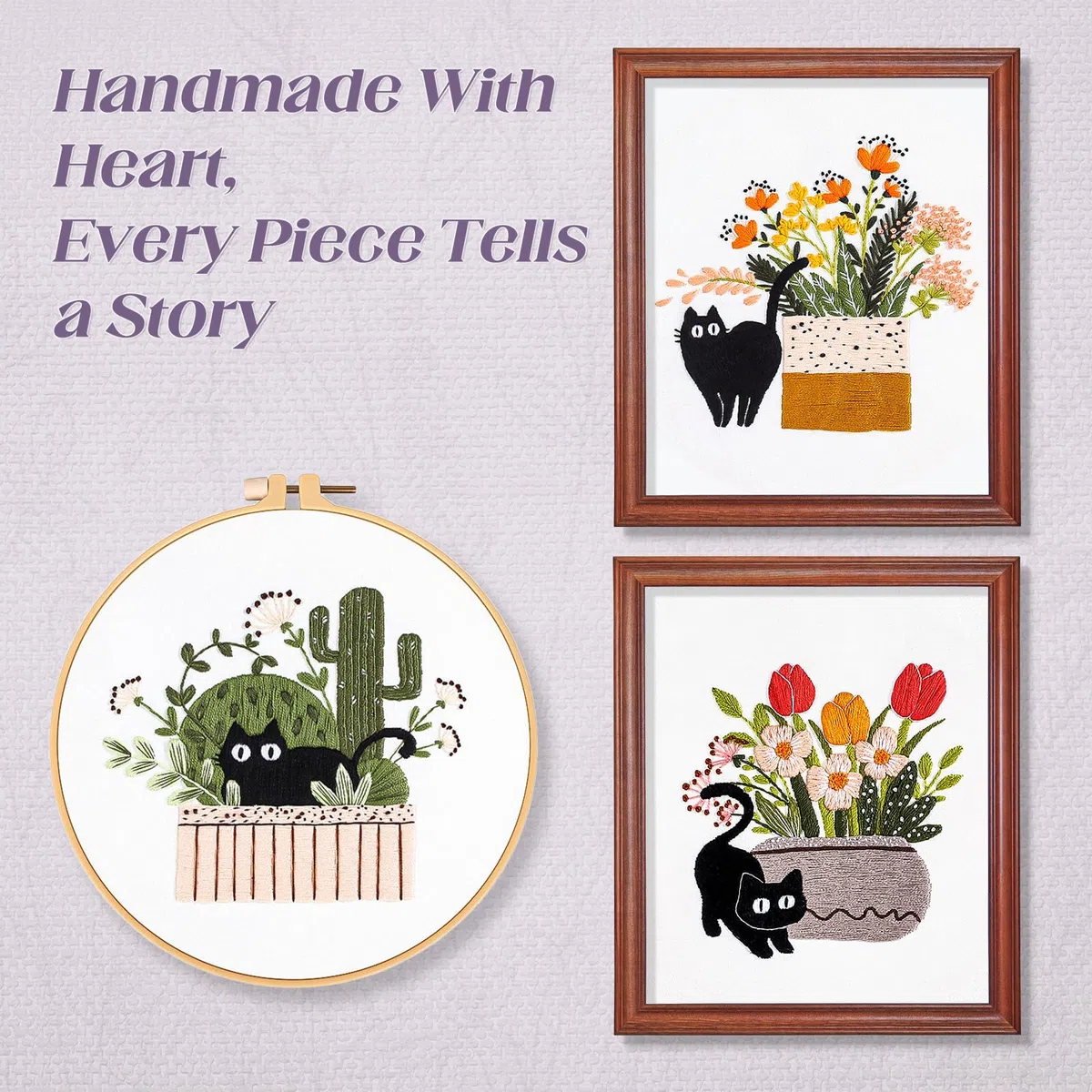 WIVLAX Handstickset für Erwachsene & Anfänger – Stickrahmen Set mit floralem Katzenmuster, inkl. Garn + Nadeln – DIY Näh-Geschenkset für Hobby & Entspannung