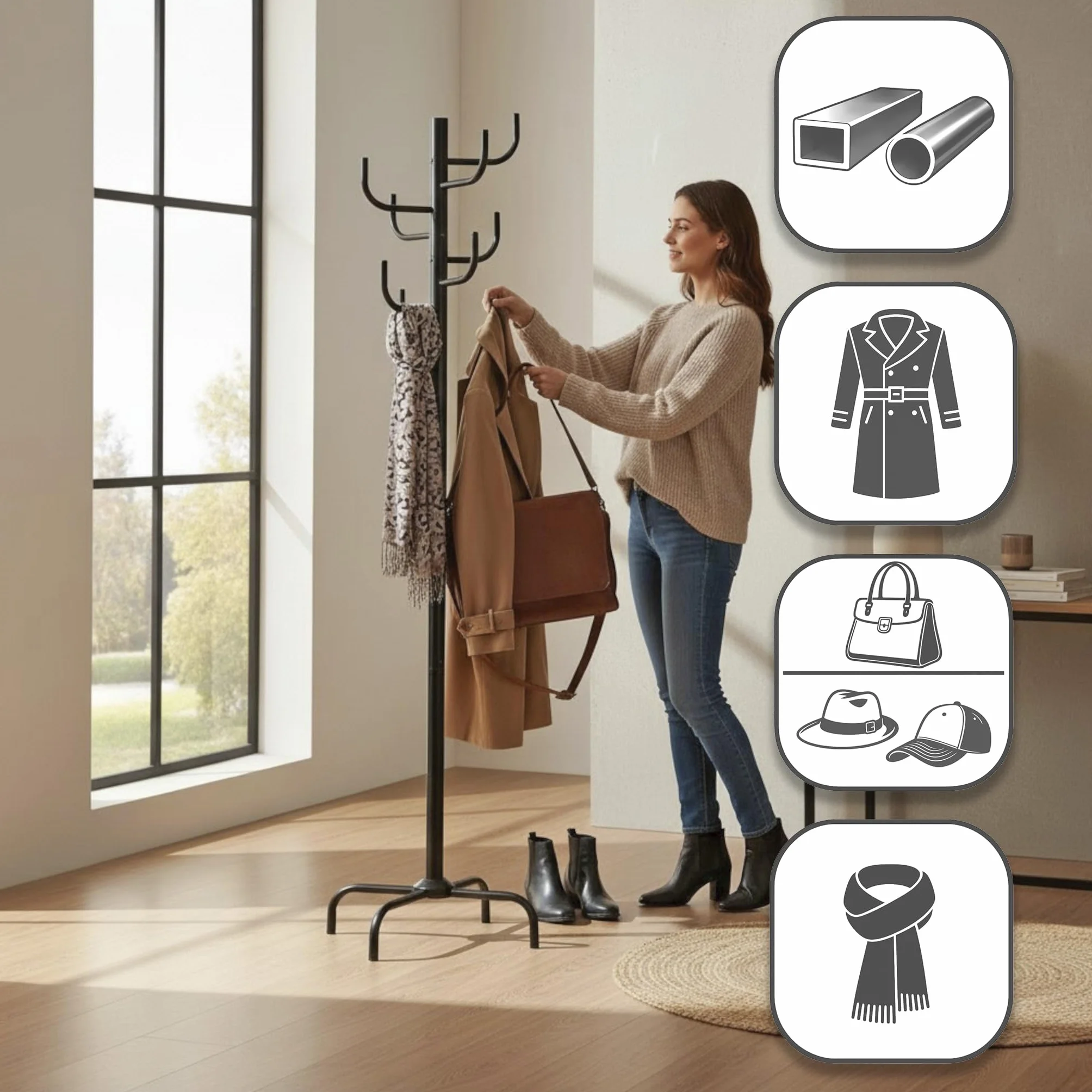 HAKU Garderobenständer schwarz, Metall Standgarderobe - Maße: H 180 x Ø 37 cm, Style: Modern
