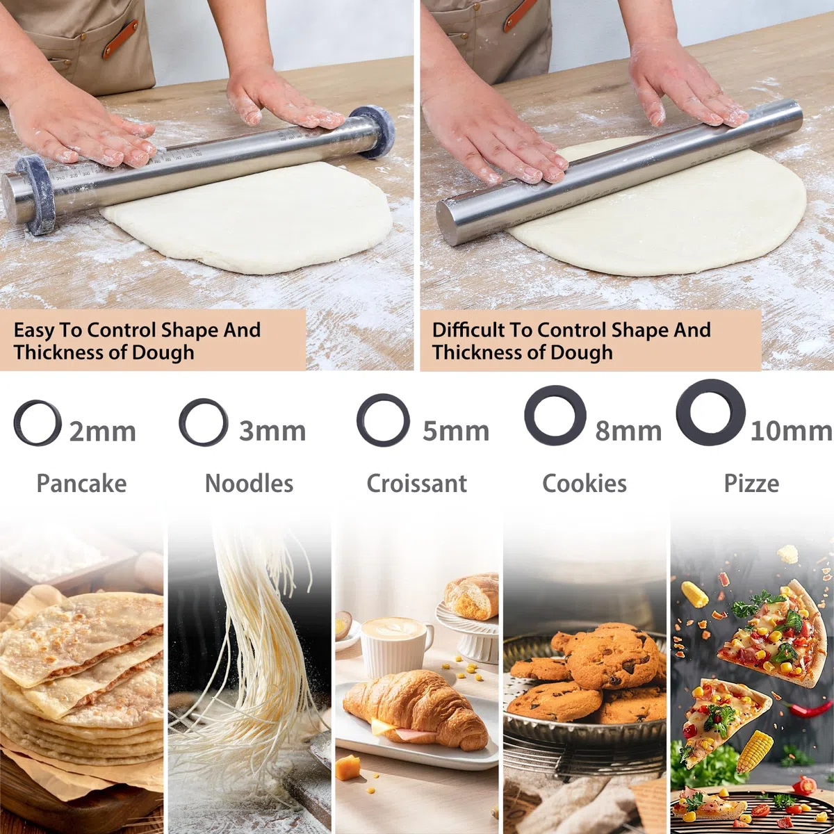 SUPER KITCHEN Nudelholz Einstellbares Edelstahl Teigroller, Antihaft Metall Nudelhölzer Fondant Teigrolle mit abnehmbare Ringe in 5 Größen, Backzubehör Rolling Pin für Pizza, Cookie, Gebäck Teig, 40cm