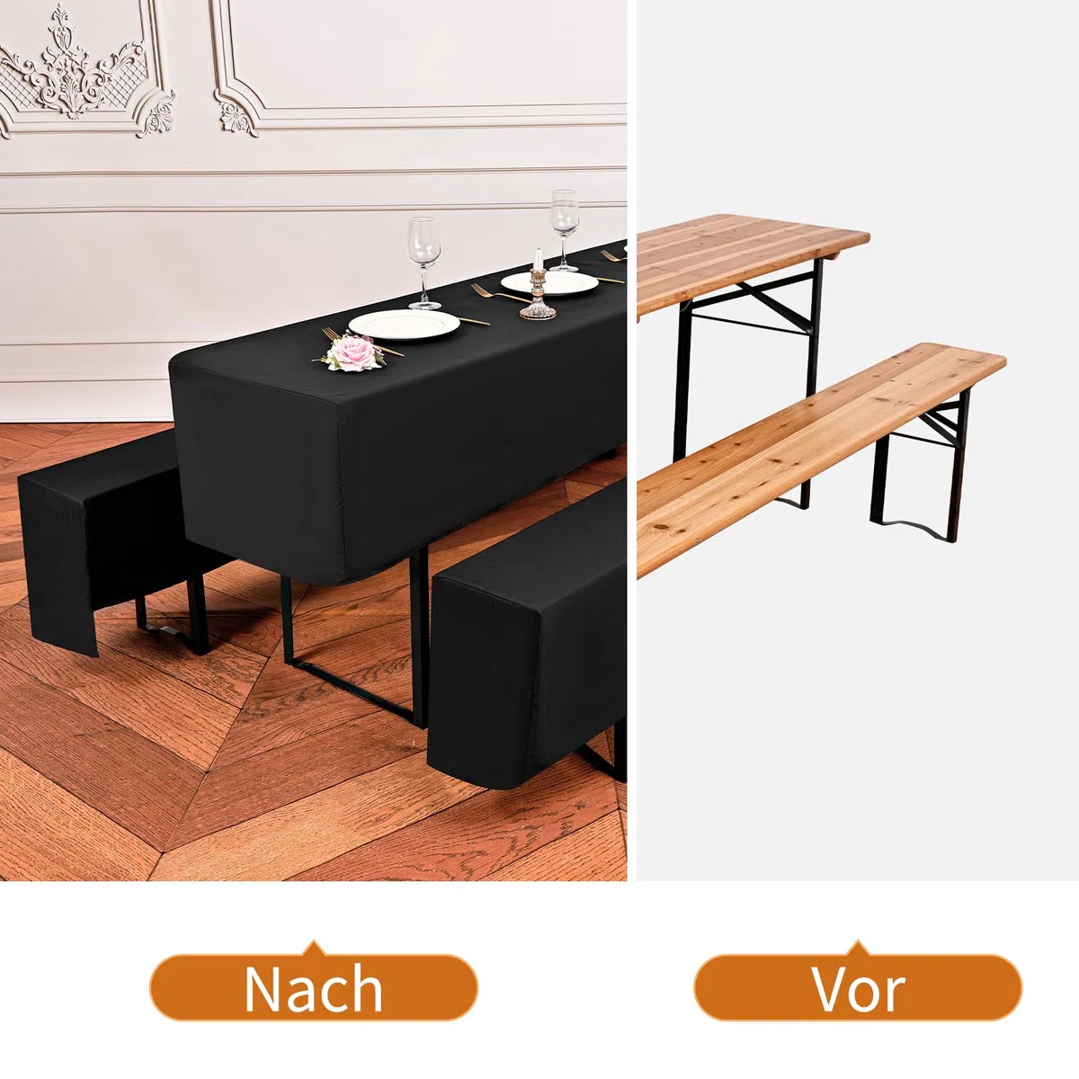 Teruntrue Bierzeltgarnitur Set 3tlg. Einzigartig Gestaltete Hussen für Bierzeltgarnitur 220 x 50cm – 1 Husse Biertisch + 2 Bierbank in Schwarz - Biertischhusse Bierbankhusse – Schwarz