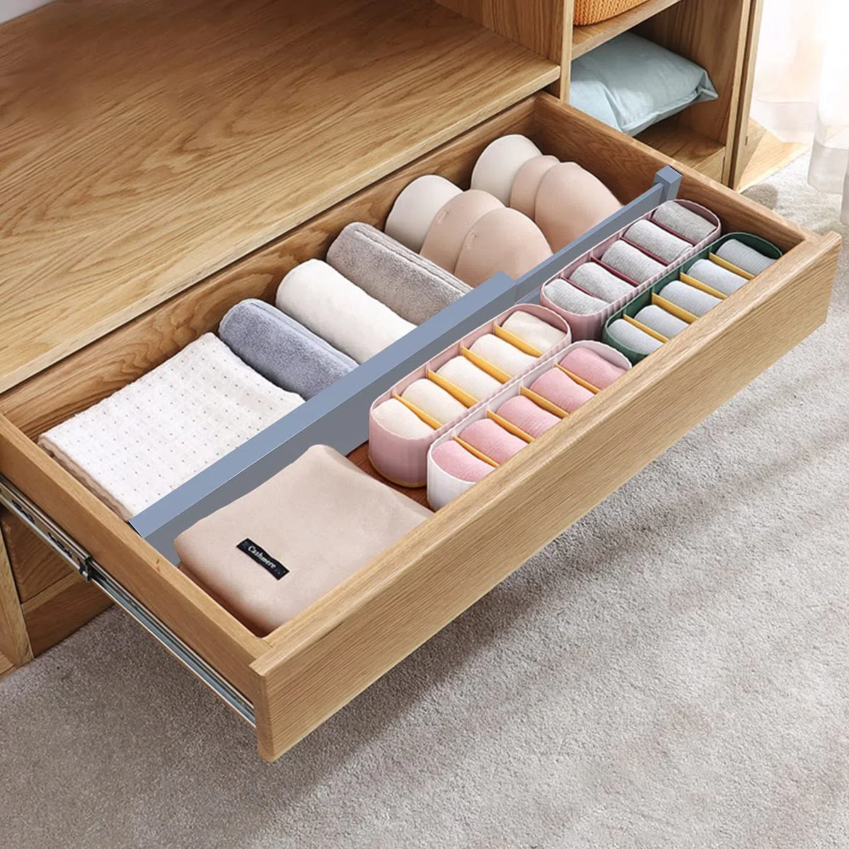 ANTOWIN Schubladentrenner Verstellbar Bambus (43-56 cm), Schubladen Organizer, Gefedert, Küche, Kommode, Badezimmer, Schlafzimmer, Babyschublade, Schreibtisch Ordnungssystem (grau)