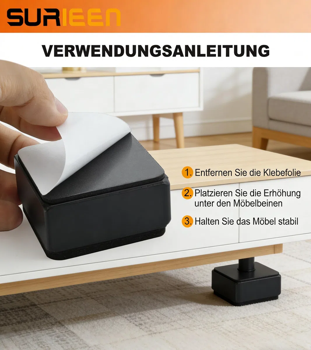 4 Stück Karbonstahl Möbelerhöhung 3 cm Hoch, Selbstklebende Möbelerhöhung, 60x32mm, Möbelfüße zum Kleben, Möbelerhöher für Sofa Couch Tisch Schrank Bett Schreibtisch Erhöhung (Schwarz/Quadrat)
