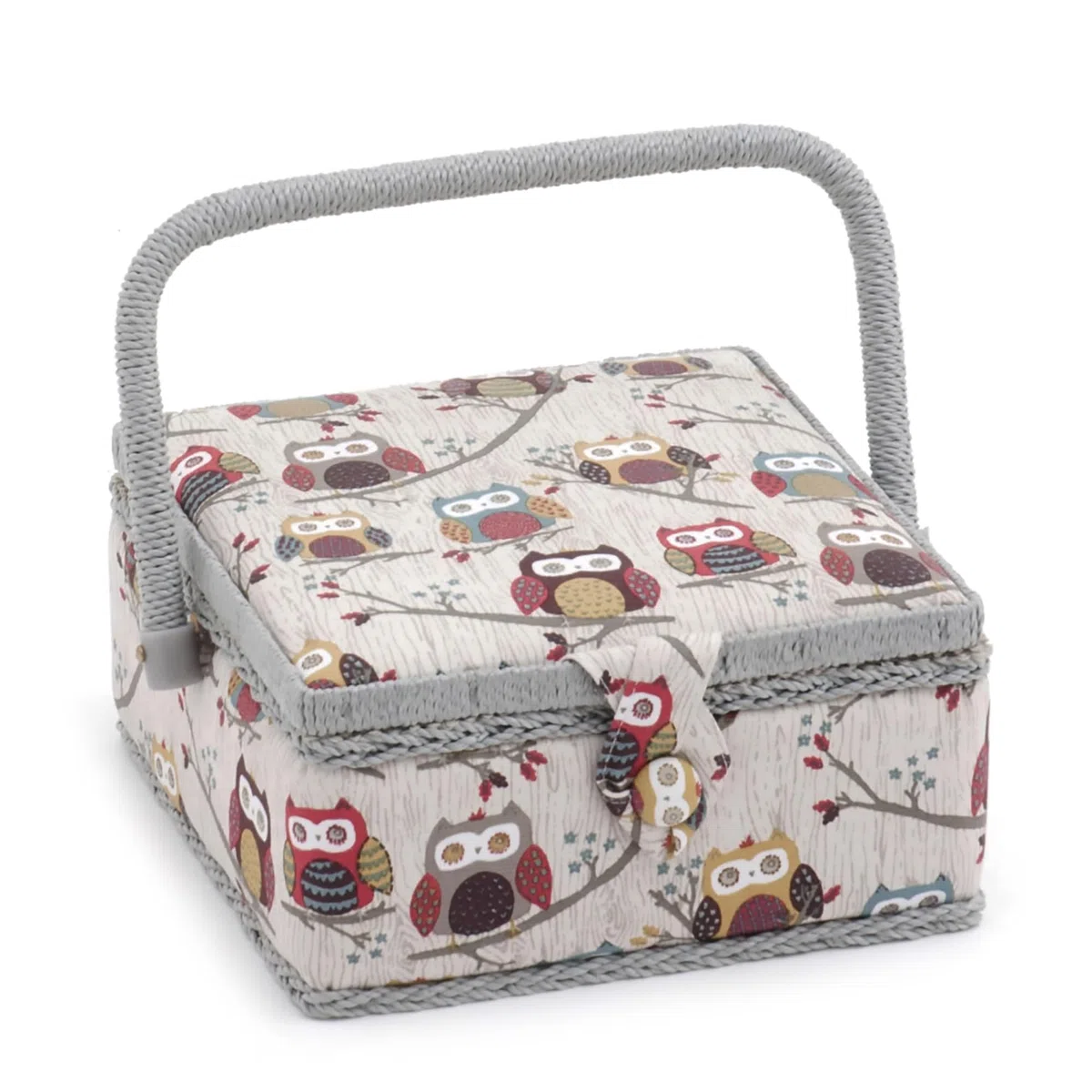 Hobby Gift Nähkästchen Klein mit Griff - Nähkorb aus Baumwolle mit Fächern für Nähzubehör & Werkzeuge - Aufbewahrungsbox für Handarbeit - 20 x 20 x 11 cm, Hoot