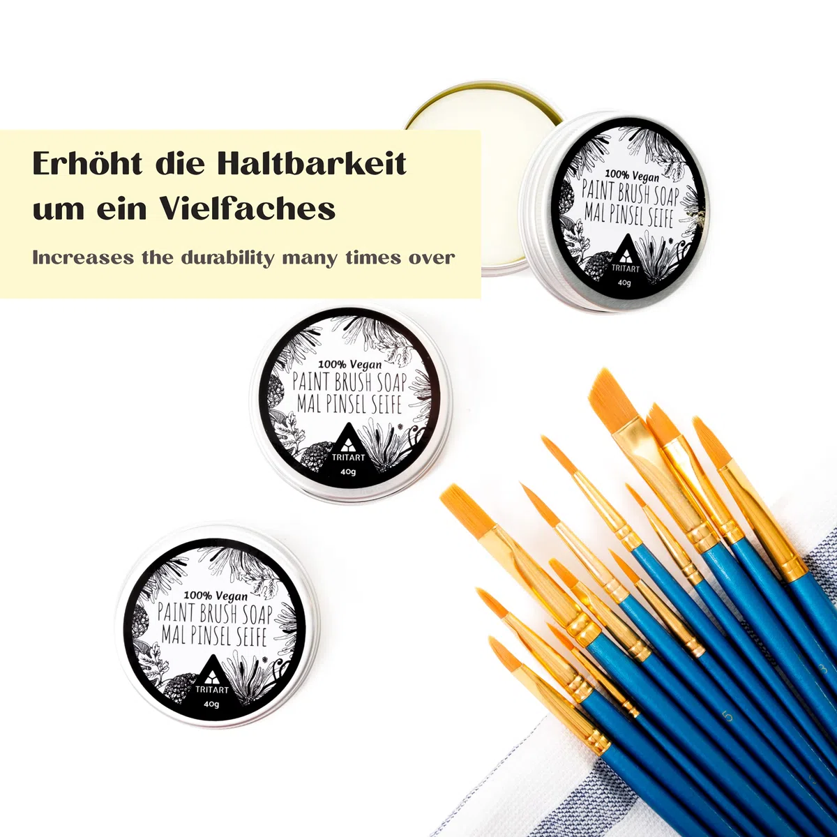 Tritart Pinselreiniger für Acrylfarbe und Aquarell - 3er Set -Künstlerseife und Malpinsel Reiniger | 3x 40g vegane Pinselseife für Künstler