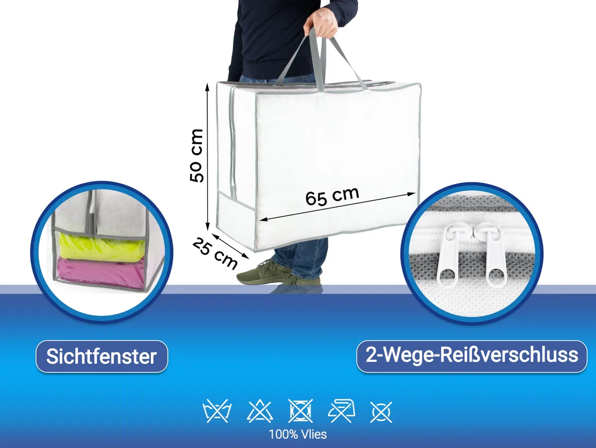 ZOLLNER 2er Set Aufbewahrungstasche in ca. 65x25x50 cm - weiß grau - aus Vlies mit PVC Beschichtung - mit praktischem Reißverschluss - zwei Tragegriffe - Kapazität bis 81,25l